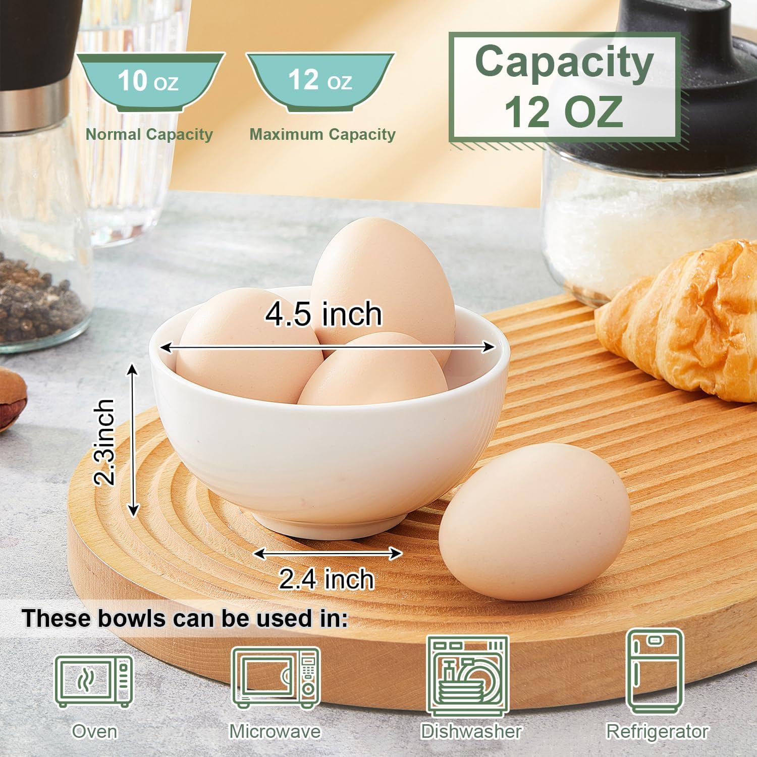 AntoKueh White Ceramic Cereal Bowls 11.4cm, 400ml Small Bowls Set of 6 for Kitchen Cooking Breakfast, Dessert, Rice, Jello - Image 3