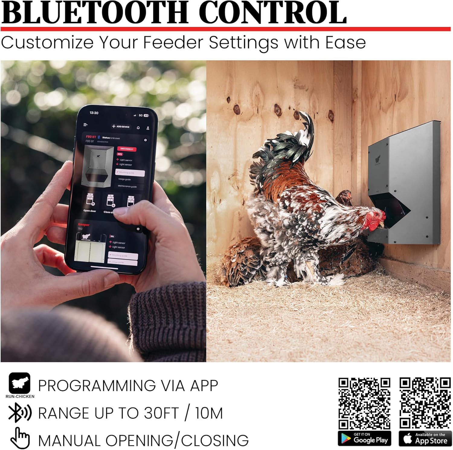 A smartphone displaying the RUN-CHICKEN app interface next to the feeder, illustrating Bluetooth control.