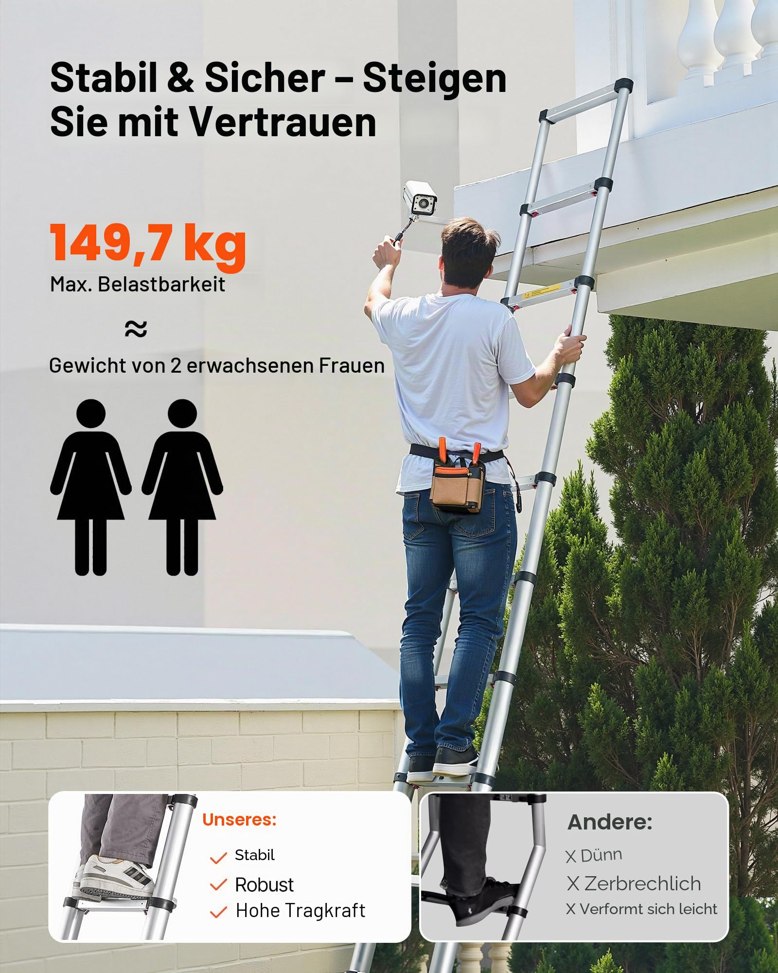 VEVOR Teleskopleiter 3740 mm, Aluminium-Klappleiter mit Einhand-Einzug, Mehrzweckleiter, belastbar bis 150 kg, Stehleiter, Haushaltsleiter, Außenleiter, für Haus, Garten & Dachboden