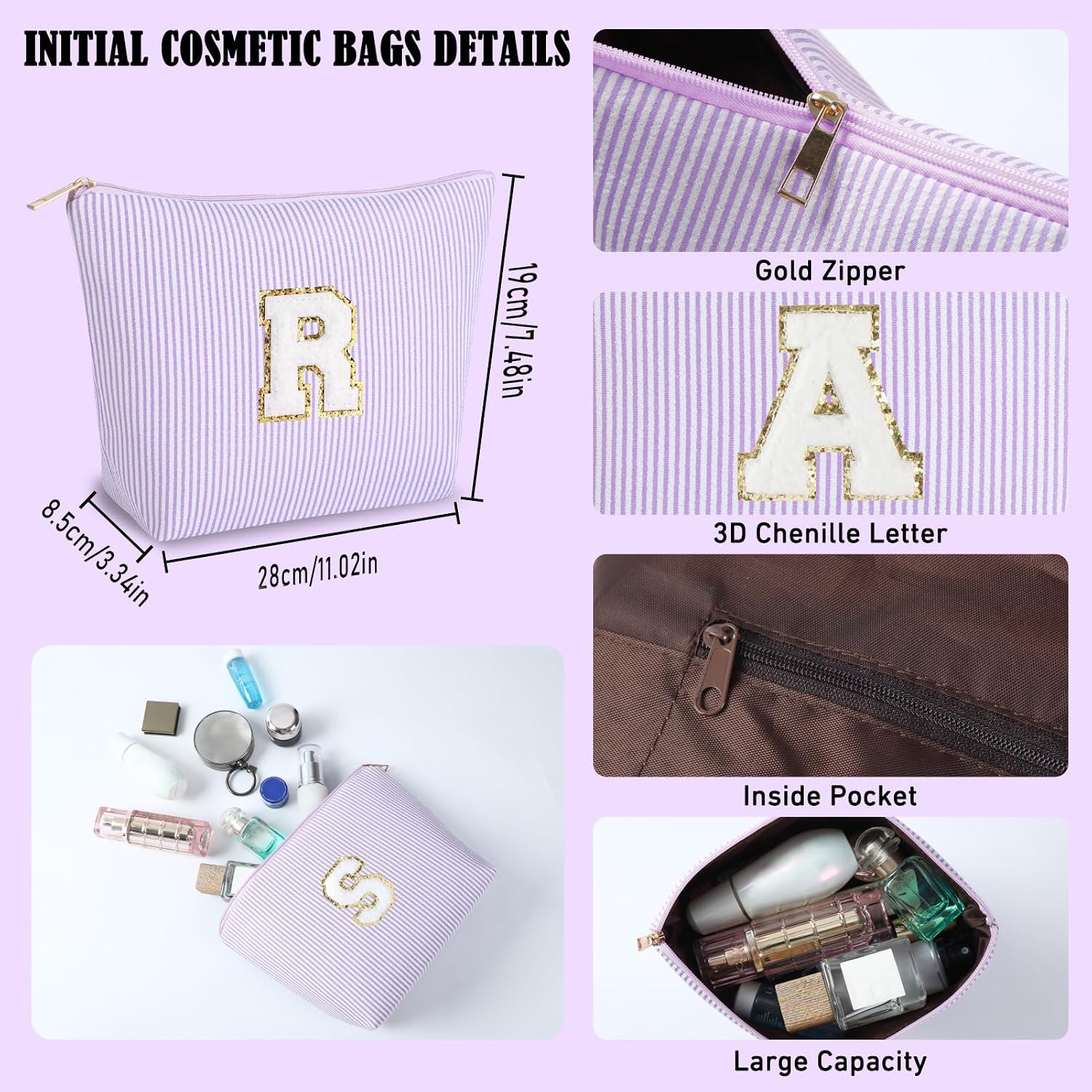 Initial Makeup Bag for Girls, Toiletry Bag for Teens Kids(Purple,J) image 2