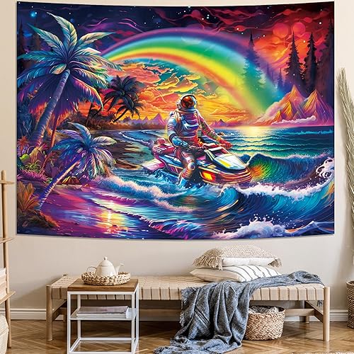 Miniatura 4 de Ameyahud Tapiz de astronauta trippy, tapiz de olas oceánicas, tapiz hippie de palmera, tapiz de paisaje de fantasía, colorido nube, decoración para