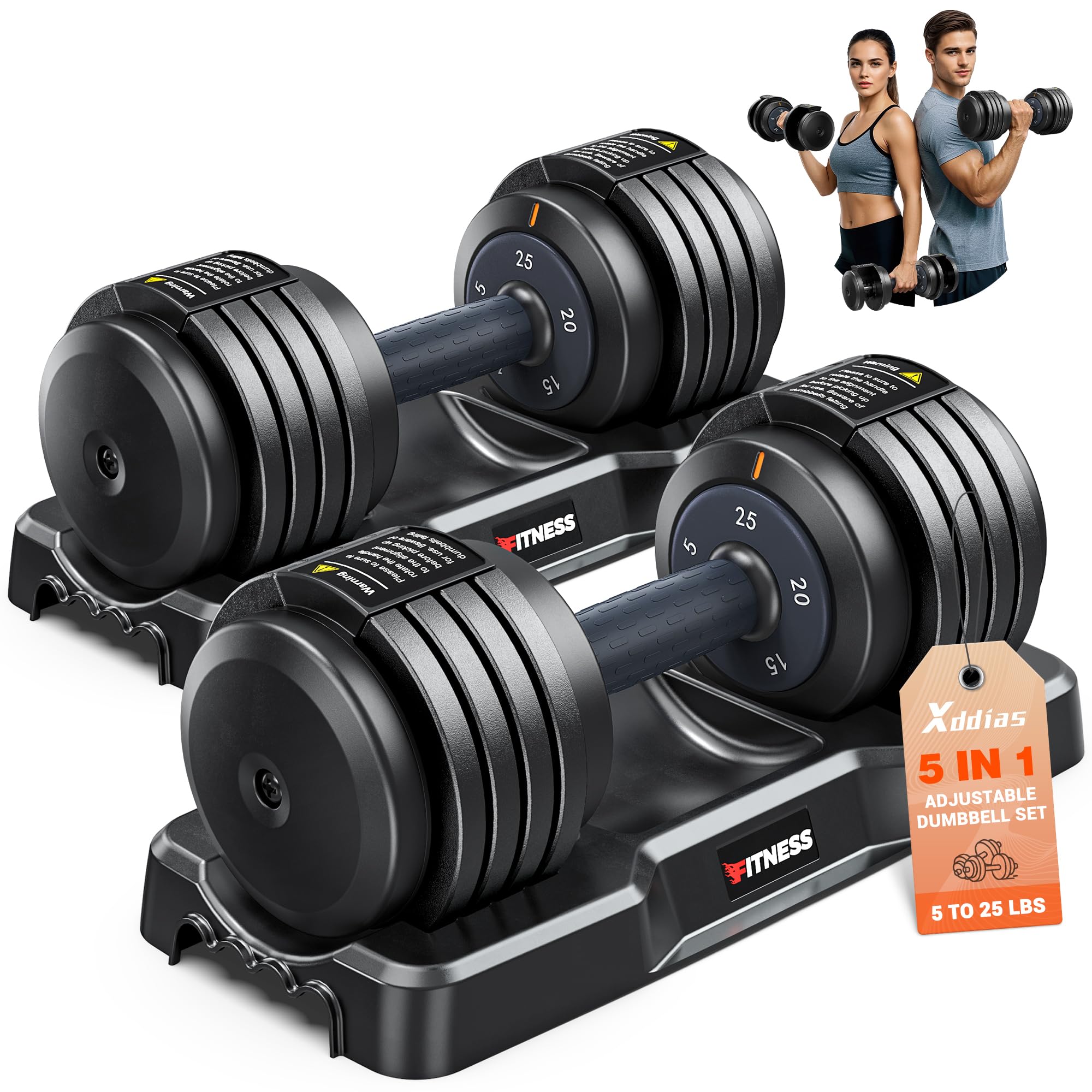 XDDIAS Adjustable Dumbbell Set of 2, 25/55/80LB Dumbbell Set-Fast Adjust Weights Set, 5/10/16 in 1 Free Weights Dumbbells Set with Anti-Slip Metal Handle, Compact Size for Men/Women Home Gym Equipment (Black-25LB 2pcs)