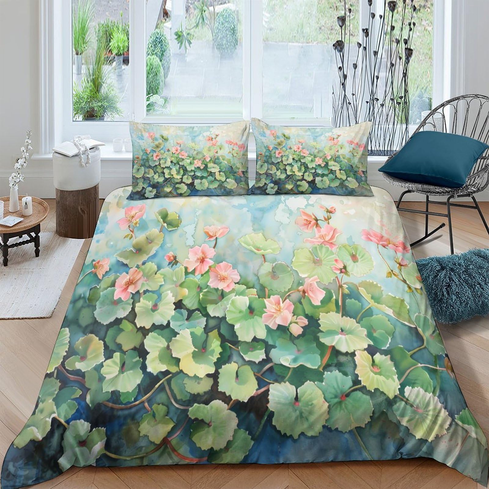 Ctjqhvkz Style-9 3D Printed Floral Garden Fitted Sheet Microfiber Soft Green Pink Lotus Pond Mattress Cover For Bedroom Decor Single（135X200cm）