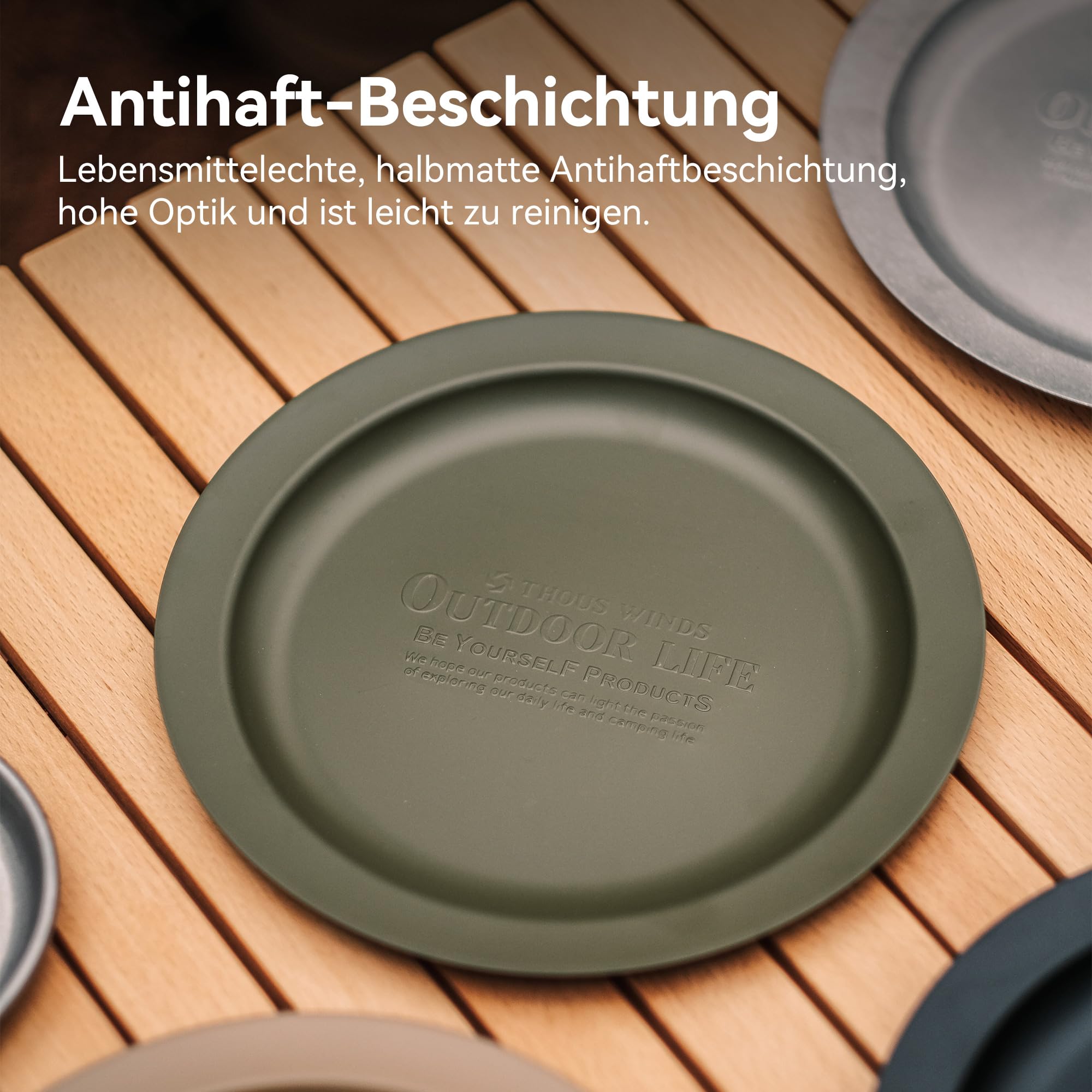 Thous Winds Edelstahl Teller Rund, 2er-Set Edelstahl Rundes Geschirr, Φ22cm Leichte Camping Geschirr Essteller Speiseteller, Robuster Edestahlteller für Outdoor, Picknick, Wandern, Küche - Olivgrün