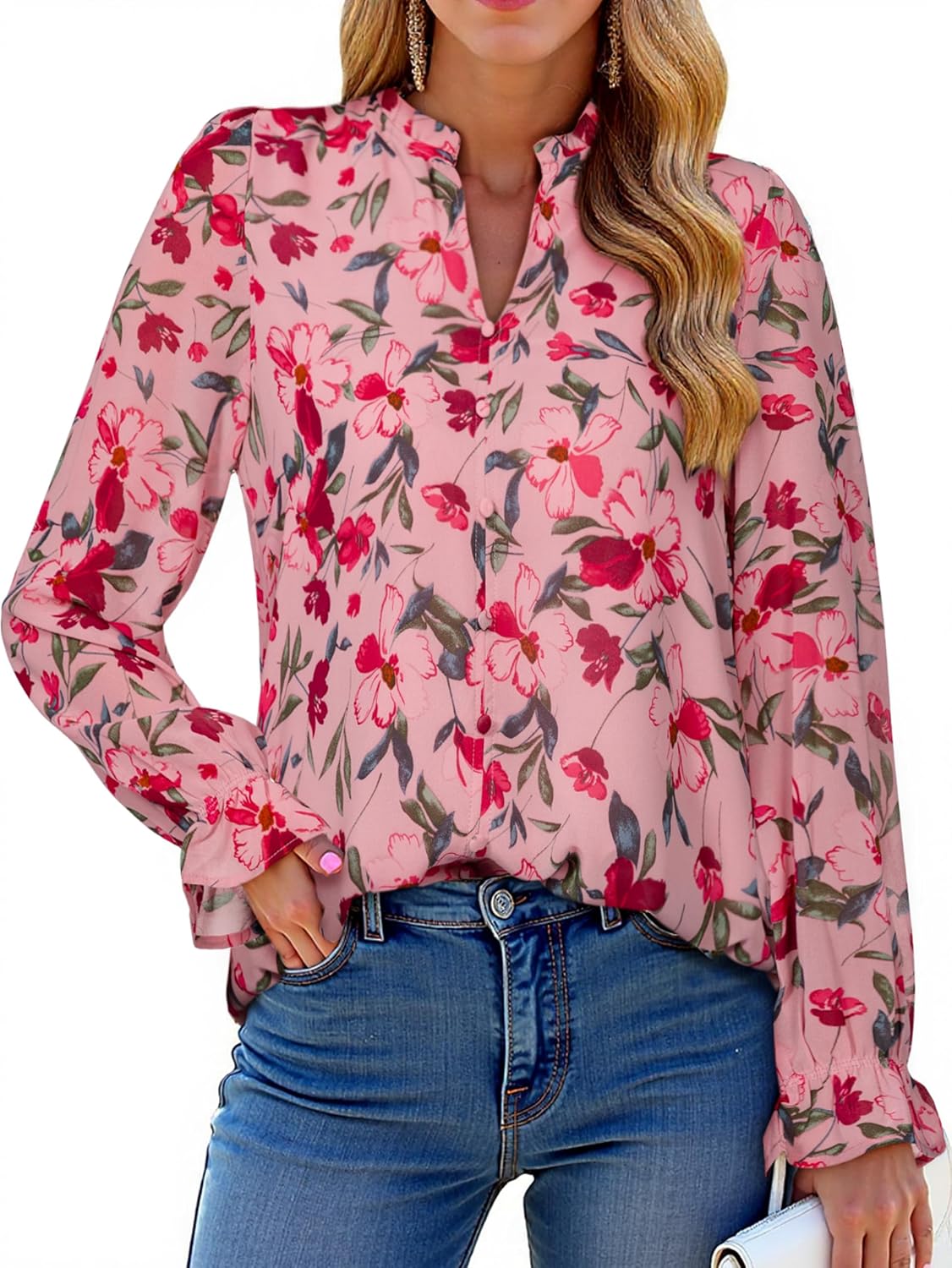 Simplee Womens Boho Long Sleeve Tops 2025 V Neck Floral Blouses Dressy Casual Fall Chiffon Loose Work Pullover Cute T Shirts