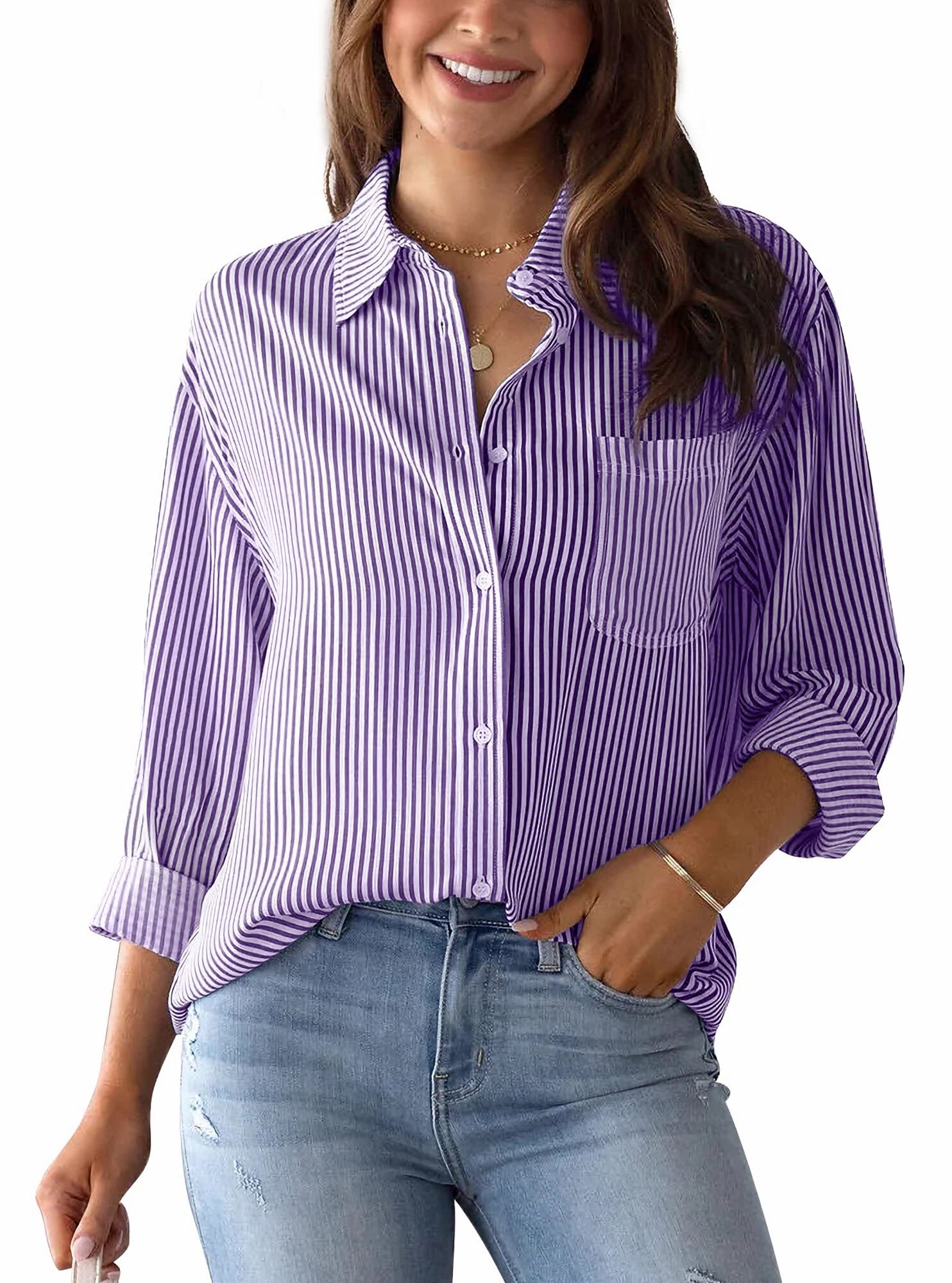 Happy CherryWomen’s Striped Linen Blouse Lone Sleeve Button Down Tunic Shirt Casual Elegant V Neck Blouse Basic Shirt Stylish Office Tops