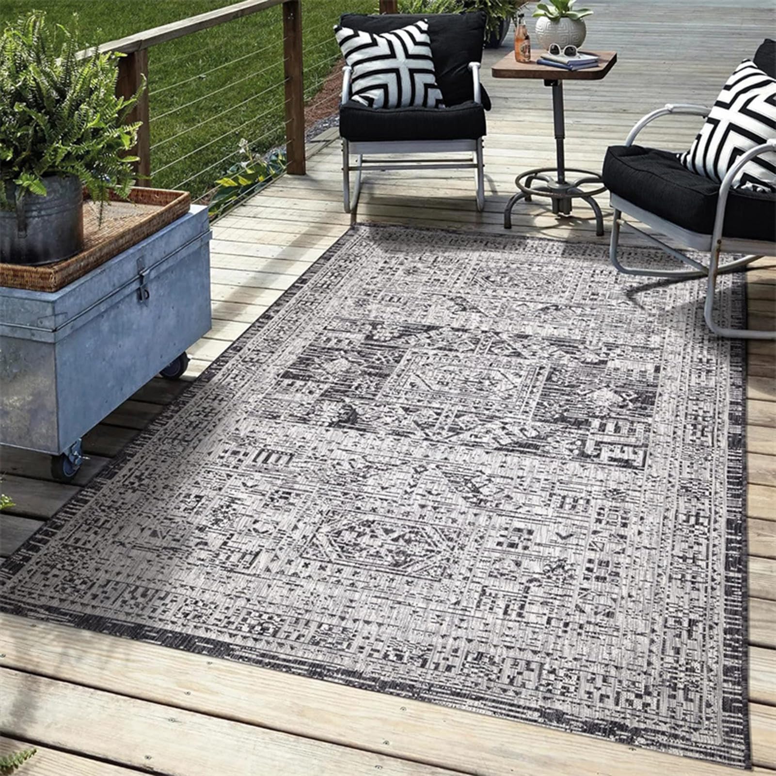 HGTRH Outdoor Rug 3x5 Patio Waterproof Gray, Outdoor Carpet for Deck Or Patio 8x10, Farmhouse Blended Outdoor Rugs Front Porch with Rubber Backing, Washable RV Mat Indoor/Outside Area Ruges