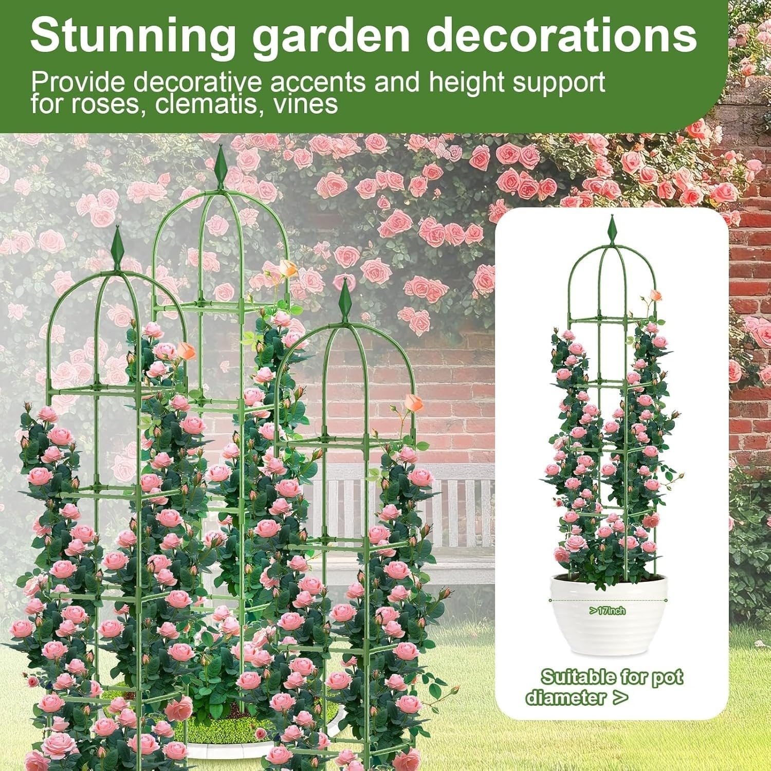 LATERN 1 Pieza Enrejado de Obelisco de Jardín para Plantas Trepadoras, 180CM Altura Soporte Metálico para Plantas con Revestimiento Antioxidante para Macetas Plantas Rosas Tomates Flores Uvas (Verde)