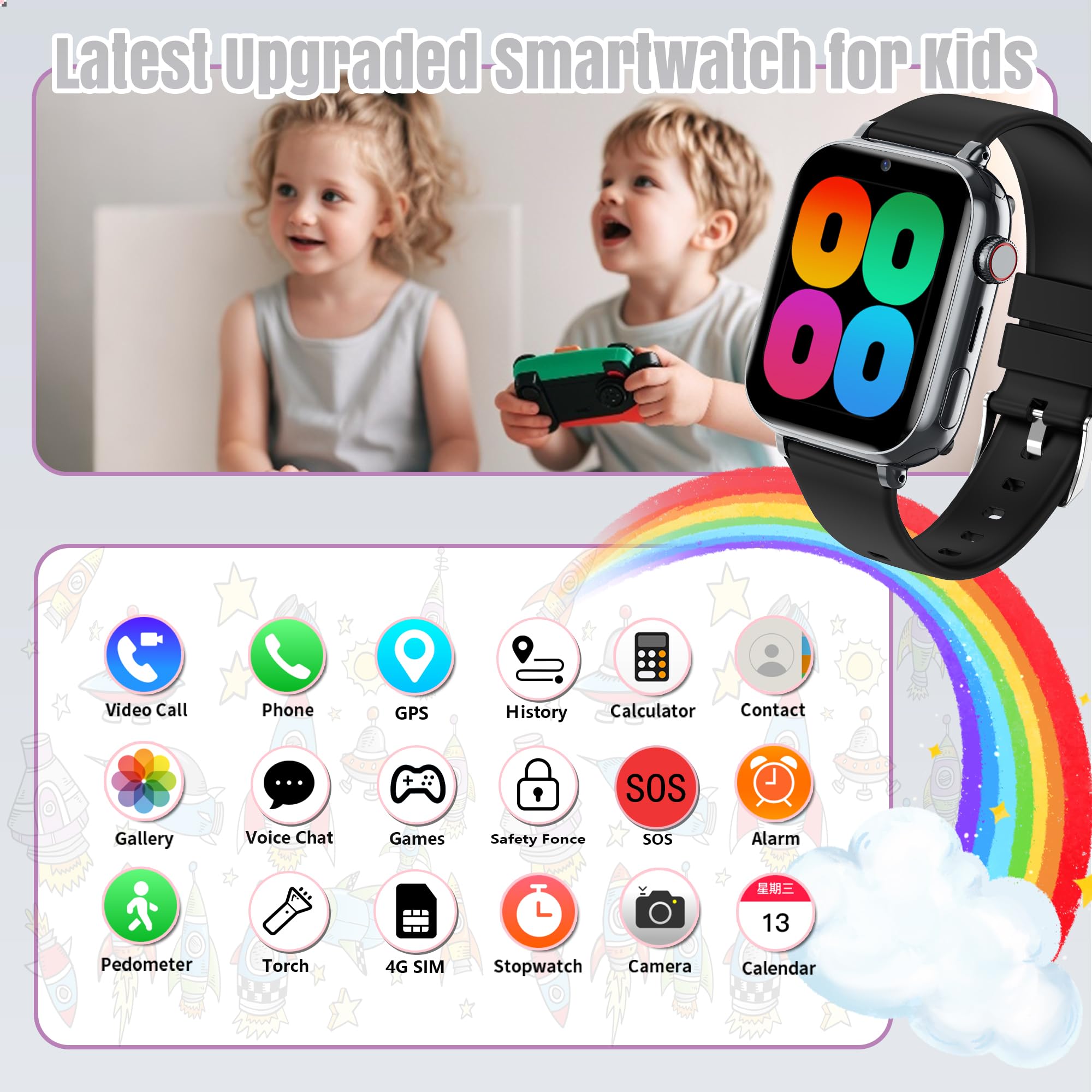 Smartwatch Bambini GPS 4G HD Videochiamate SOS Regali di Natale Compleanno | posizione in tempo reale, area di sicurezza, chiamate bidirezionali, chat familiare, giochi, modalità scuola, sveglia, sim