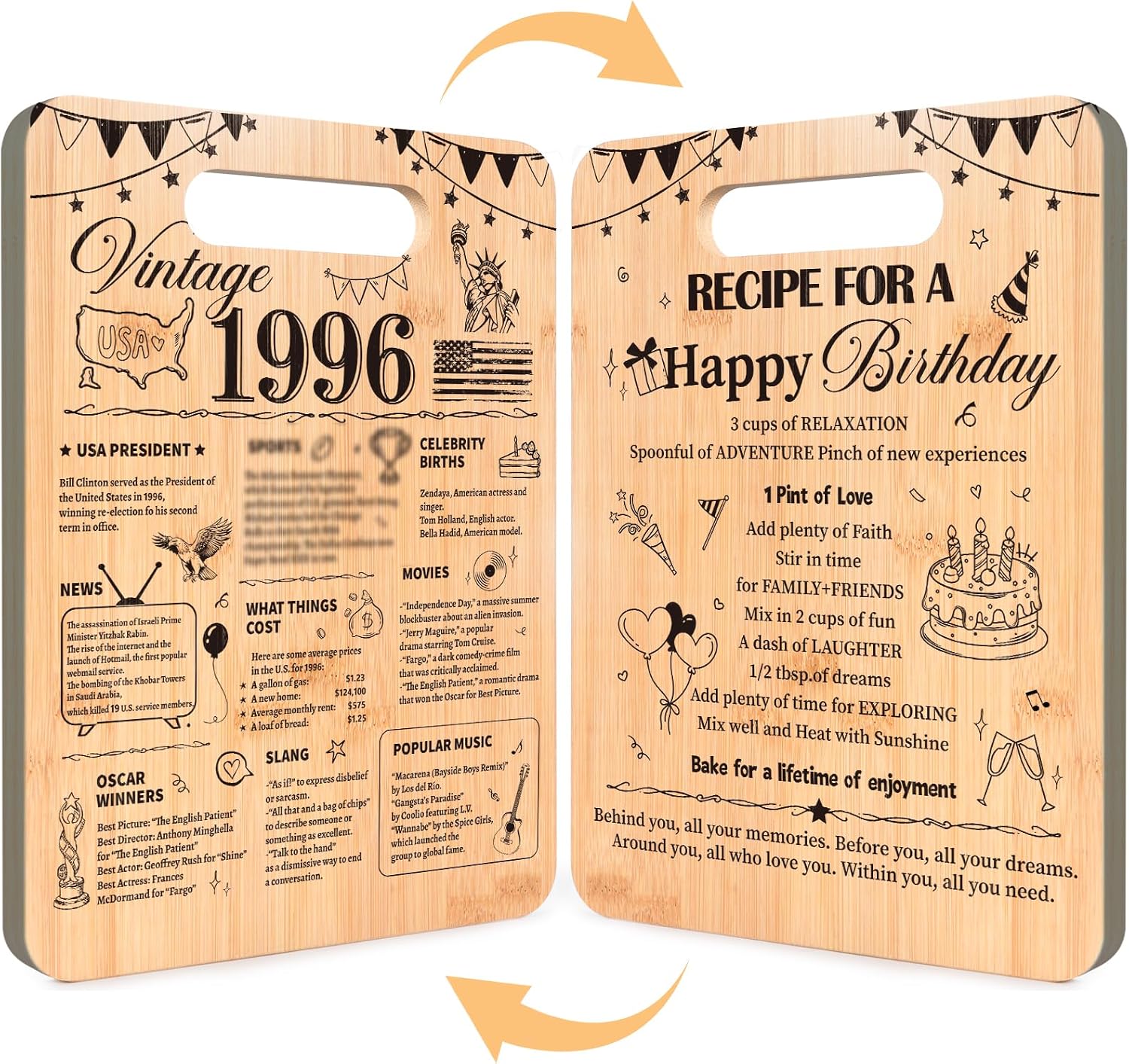 30th Birthday Gifts for Women Men, 30 Year Old Vintage 1996 Double Sided Cutting Board Present, Recipe for a Happy Birthday Cutting Board for Her Him