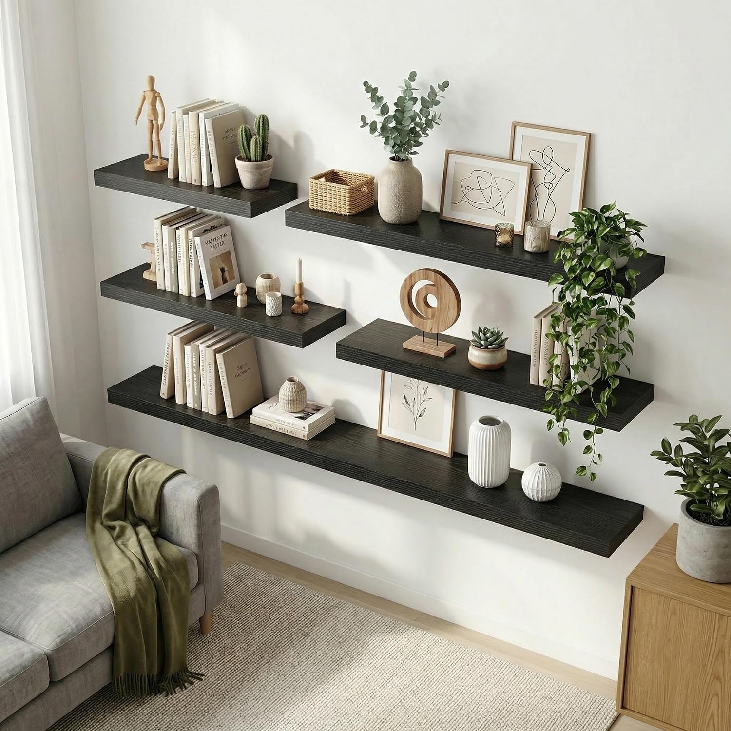 12 inch Deep Floating Shelves for Wall, 36 inch Wide Engineered Wood Wall Shelves with Invisible Brackets for Living Room Bedroom Bathroom Office Kitchen Decor and Storage, Black Finish, Set of 2