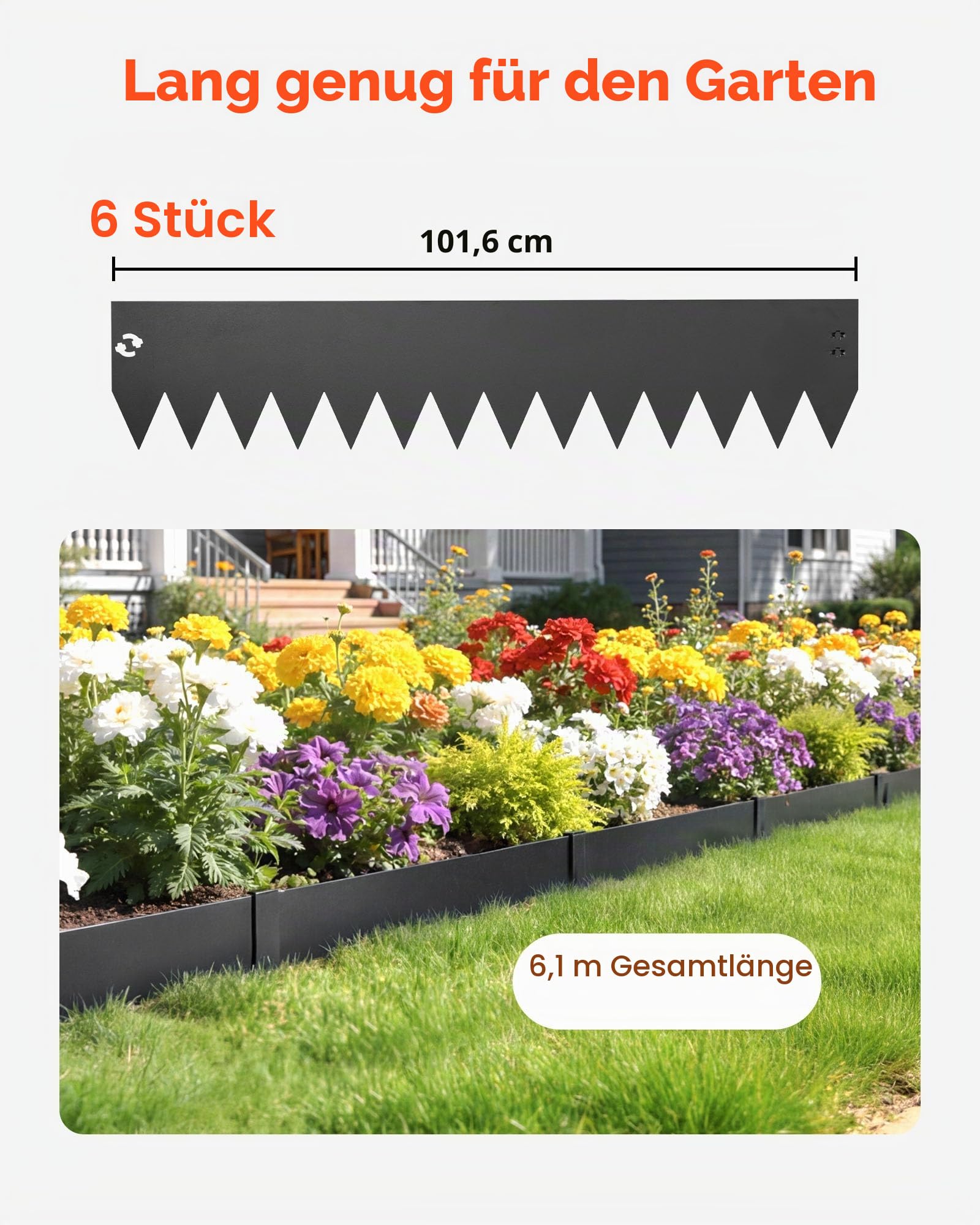 VEVOR Rasenkante 6er-Pack 1016x203 mm, Beeteinfassung mit 6 Befestigungsclips, Biegsame Rasenbleche aus Verzinktem Stahl, Mähkante, Palisade Beetumrandung für Blumenbeete & Gartenwege, Schwarz