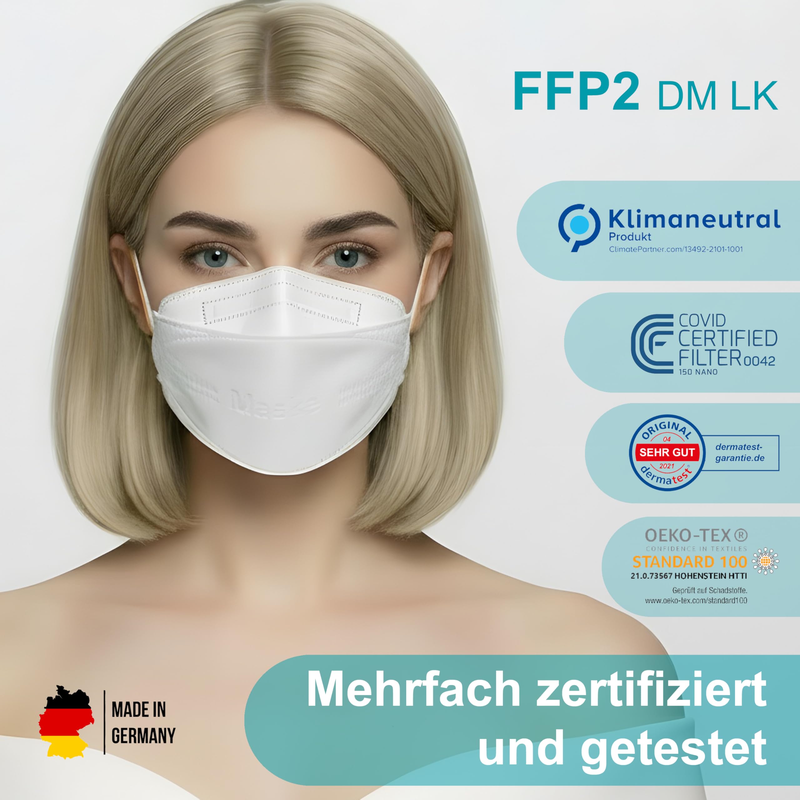 20x FFP2 Atemschutzmaske DM LK | 100% Made in Germany | Schutzmaske Fischform Deutschland | CE zertifiziert OEKO TEX | Klimaneutraler Mundschutz Staubschutz | VIRU-fil Nachfolgemodell