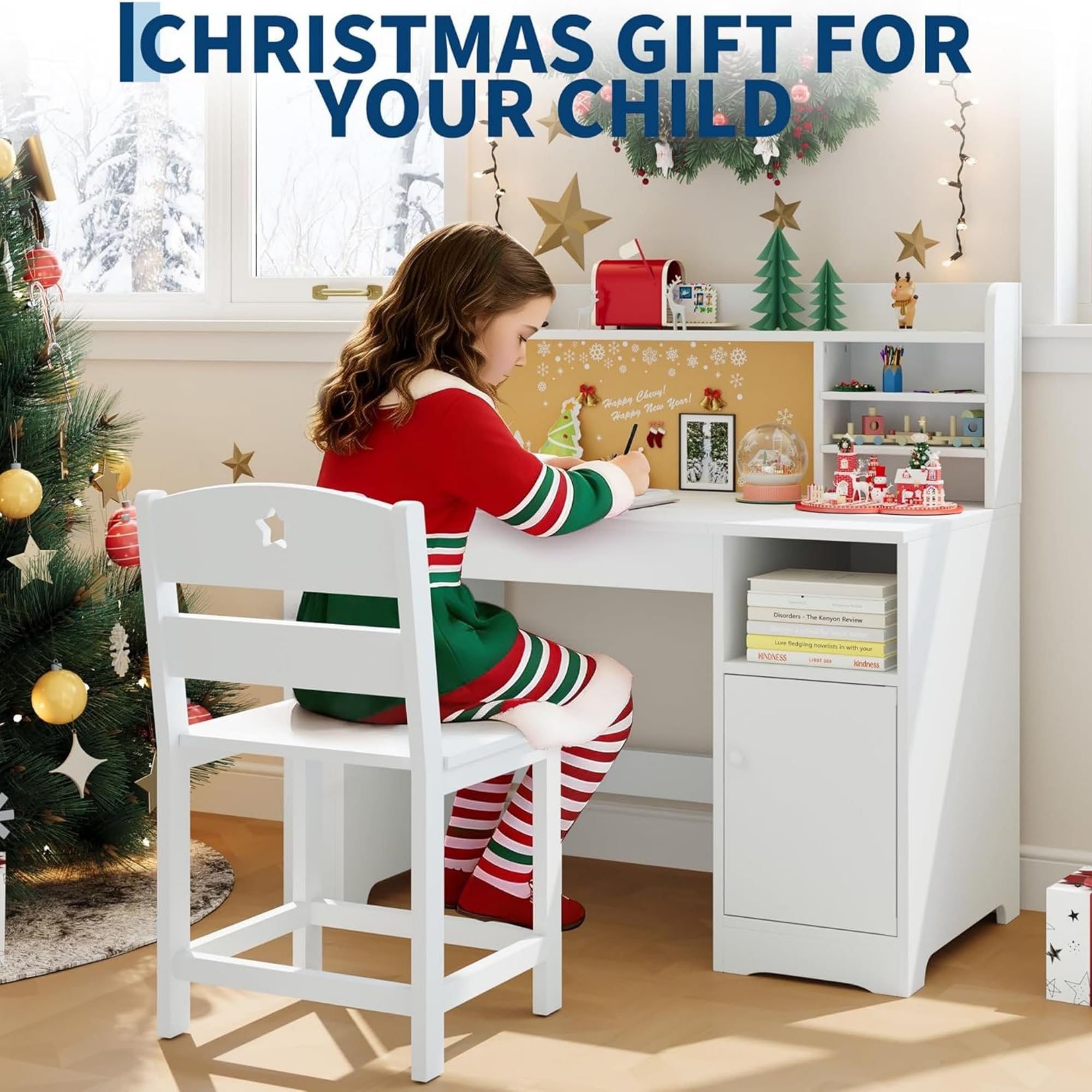 Bureau Enfant Fille Garcon 3-8 an, 3 en 1 Table Enfant en Bois avec Plateau Incliné 0-40°, Table d'Étude avec Rangement pour Dessiner, Lire, 104.5 * 60 * 13.5 cm (Blanc)