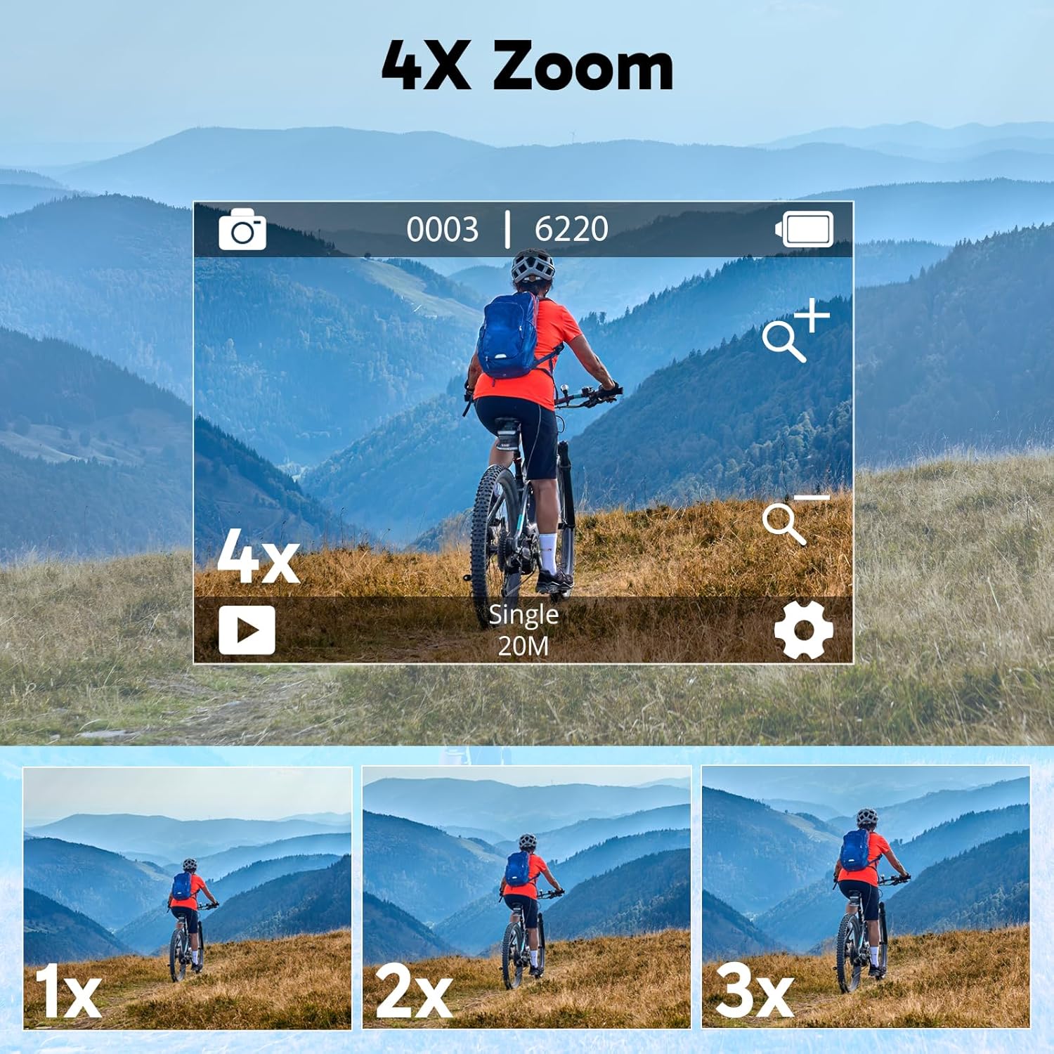 AKASO V50X screen showing 4X zoom options