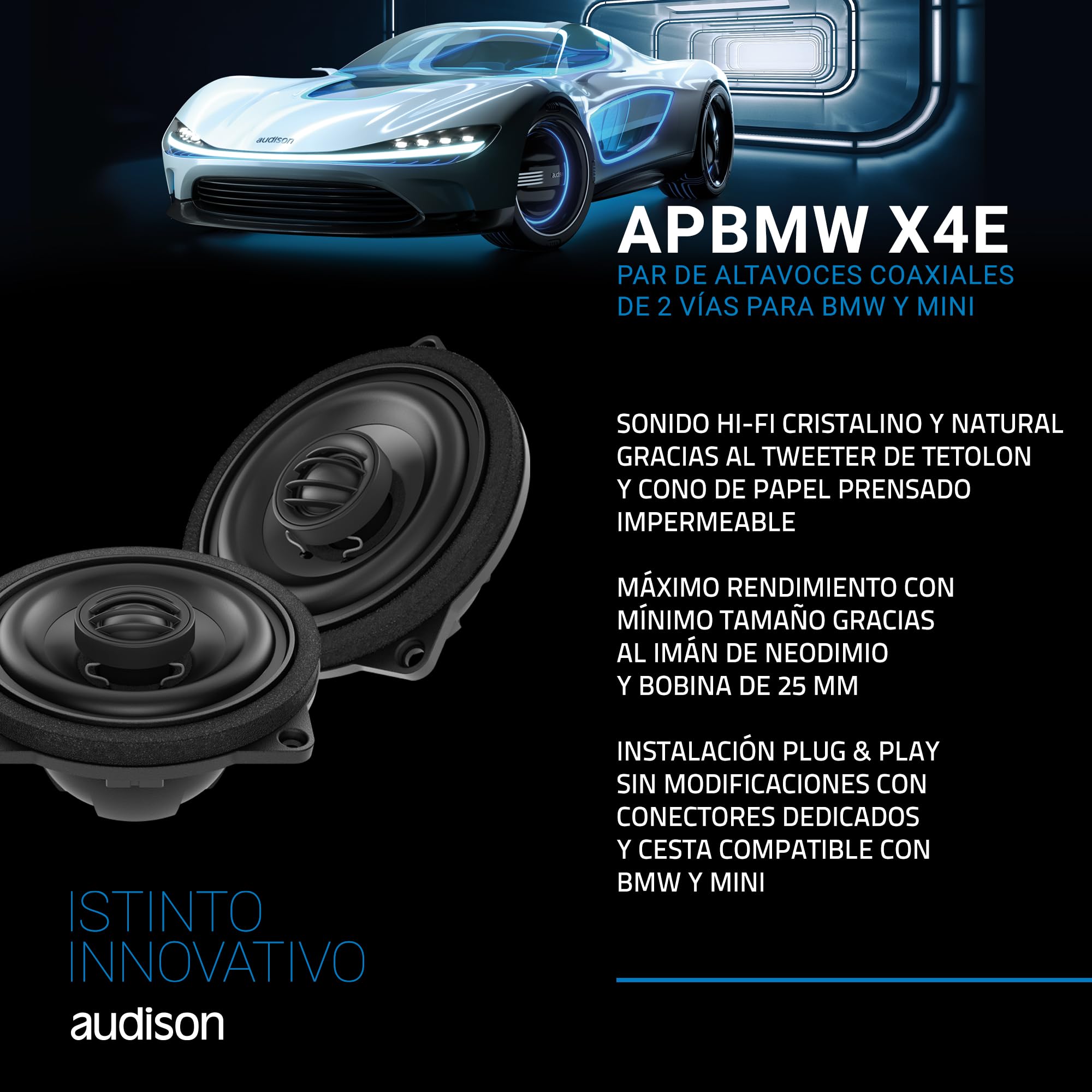 Audison APBMW X4E par de Altavoces coaxiales de 2 vías 100 mm, 80 W | tweeter 24 mm, 4 pulgadas, 40 W RMS, 4 Ohm, 88 dB, 100-22000 Hz, profundidad 39 mm