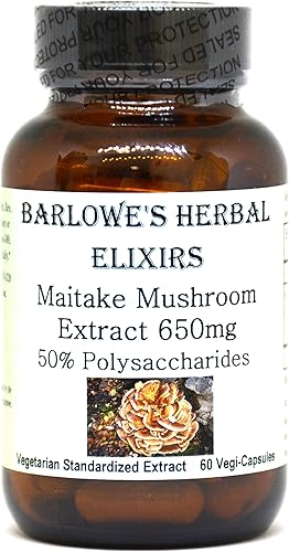 Barlowe's Herbal Elixirs Suplemento de extracto de hongos Maitake, 650 mg, 50% polisacáridos, suplemento de apoyo inmunológico en polvo de hongos,