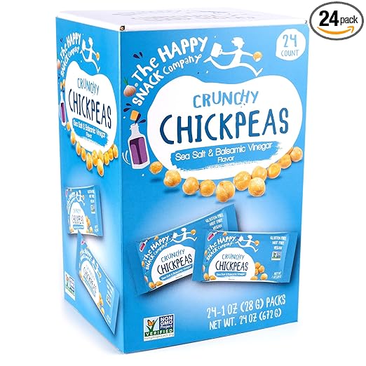 The Happy Snack Company Crunchy Chickpeas Sea Salt & Balsamic Vinegar flavor 24 x 1 oz packs. 5g Plant Based Protein & 120 Cals. Gluten,Nut & Dairy Free, Non-GMO and Vegan.