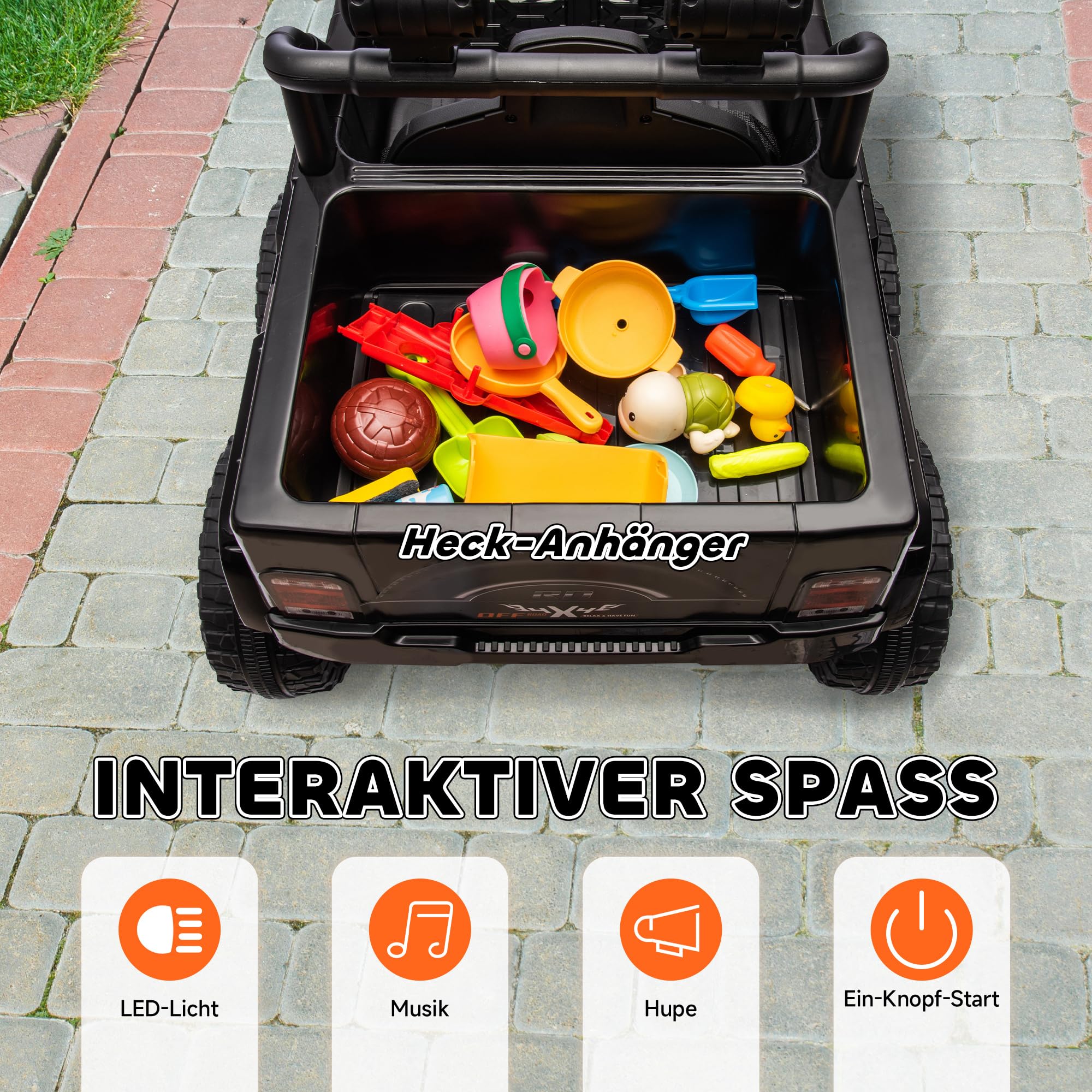 AIYAPLAY Kinder Elektroauto, 12 V Geländewagen mit 2,4G Fernbedienung， Anhänger, 4x4-Antrieb/2x2-Antrieb Kinderfahrzeug mit LED-Lichte, Sanft-Start, Musik, Hupe, 2,5-4 km/h, 3-8 Jahre, Schwarz