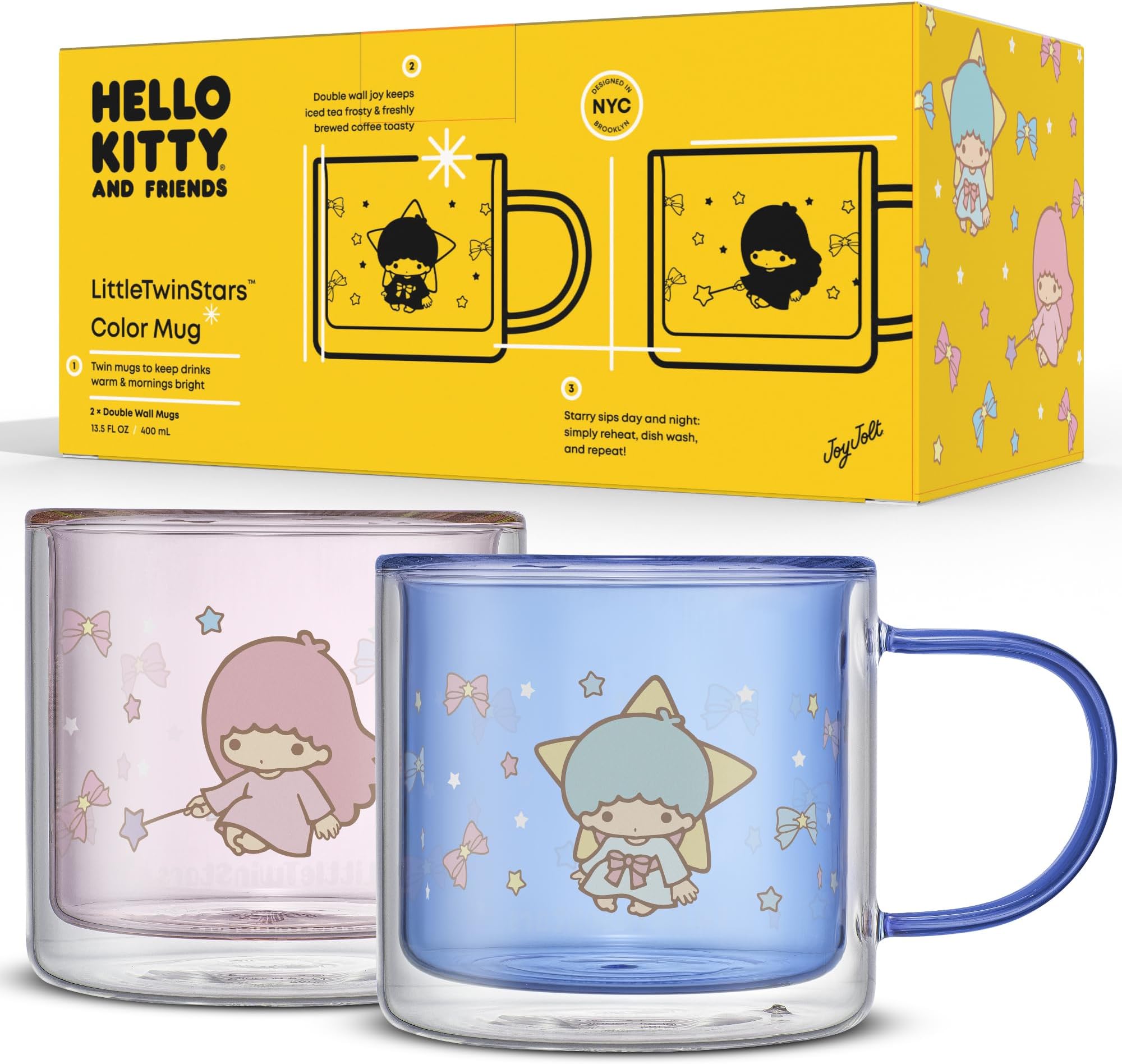 JoyJolt Hello Kitty Double Walled Glass Coffee Mugs Set of 2, 13.5 oz Insulated Cute Drinking Glassware ft. Little Twin Stars, Ideal as Iced Coffee, Tea, or Latte Cups, Kawaii Hello Kitty Merchandise