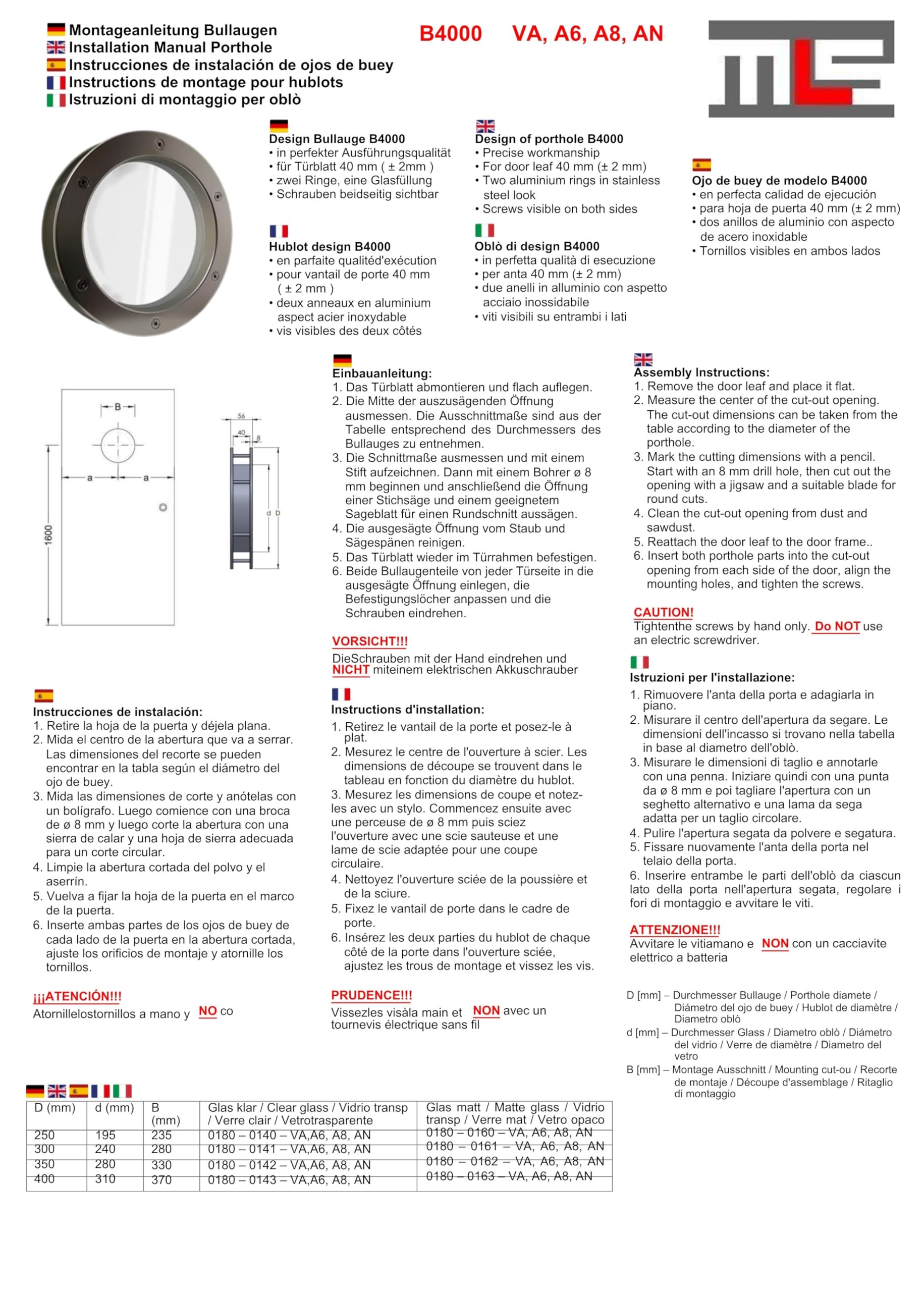 MLS Ojo de Buey B4000, de Aluminio Robusto, Vidrio de Seguridad VSG, para Puertas de 40 mm de Espesor, Tornillos de Fijación Visibles en Ambos Lados, 300 mm de Diámetro, Vidrio Transparente, Negro