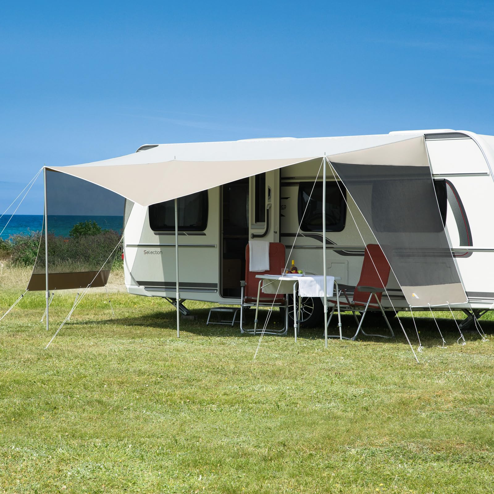 dwt Wohnwagen Sonnendach Coco Wohnwagen 240 cm tief, mit UV-Schutz und Abspannmaterial inkl. Seitenwände aus Mesh-Gewebe, Größe:Gr.1 B/T 330x240+80cm