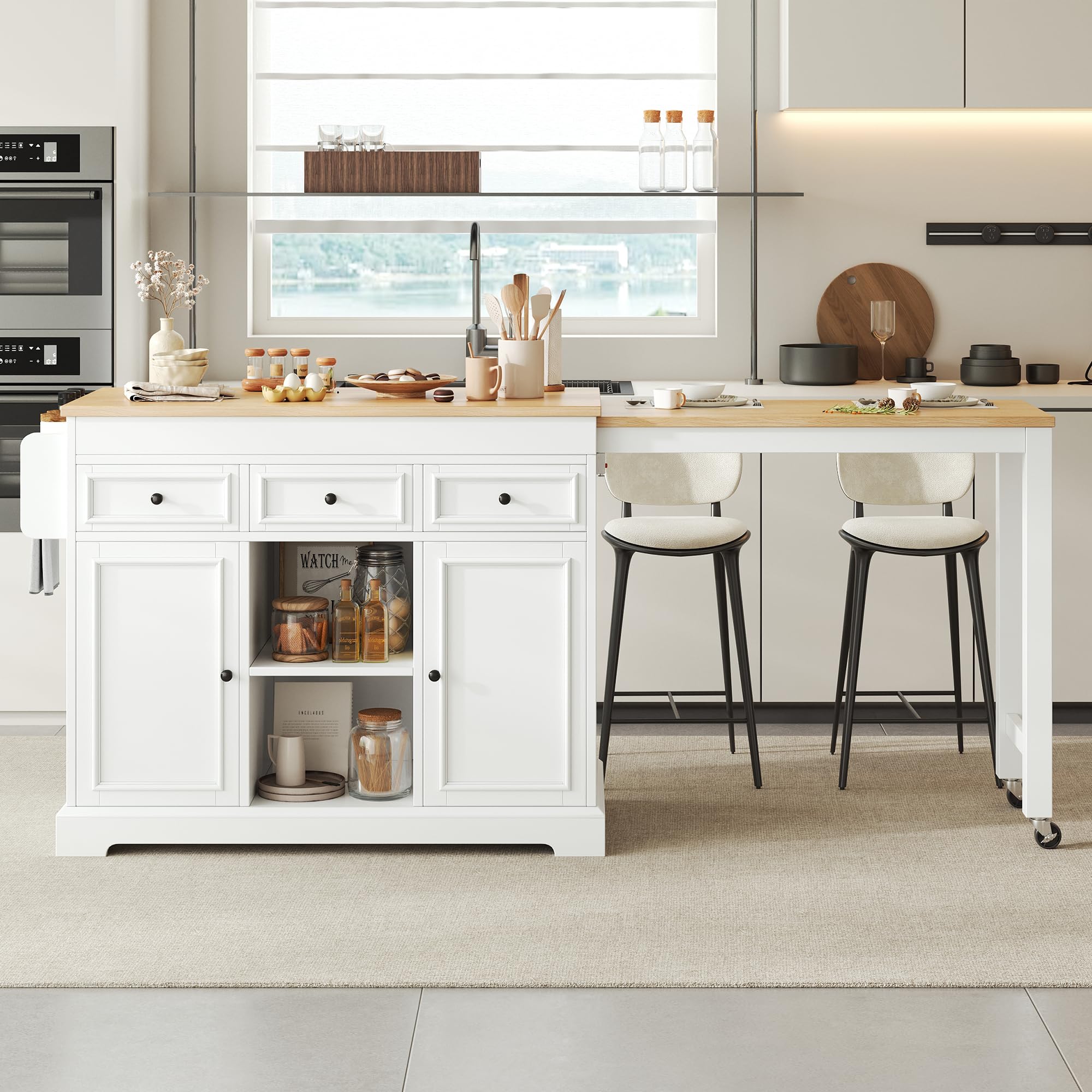 Merax Îlot de Cuisine sur roulettes Extensible 112–188 cm, Îlot Central Cuisine avec Plan de Travail Coulissant, Rangement Épices, Tiroirs et Placards, Îlot Cuisine Mobile Autoportant Blanc