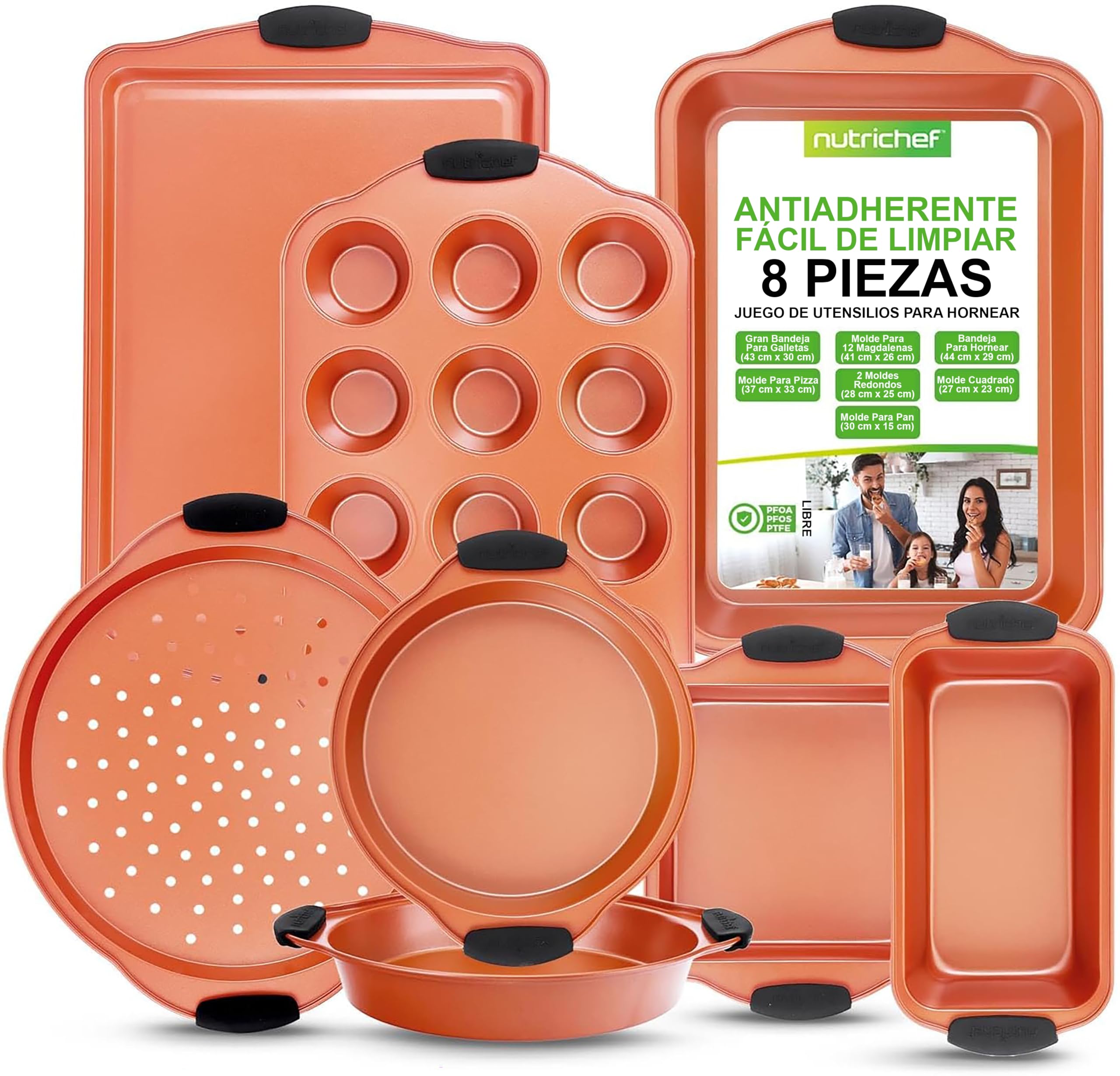 Nutrichef juego de 8 moldes, Utensilios horno, Baking set, Reposteria, Antiadherentes, Libres de PFOA, PFOS, PFTEE, Aptos para hornos hasta 230°C (450°F), Mangos de silicona