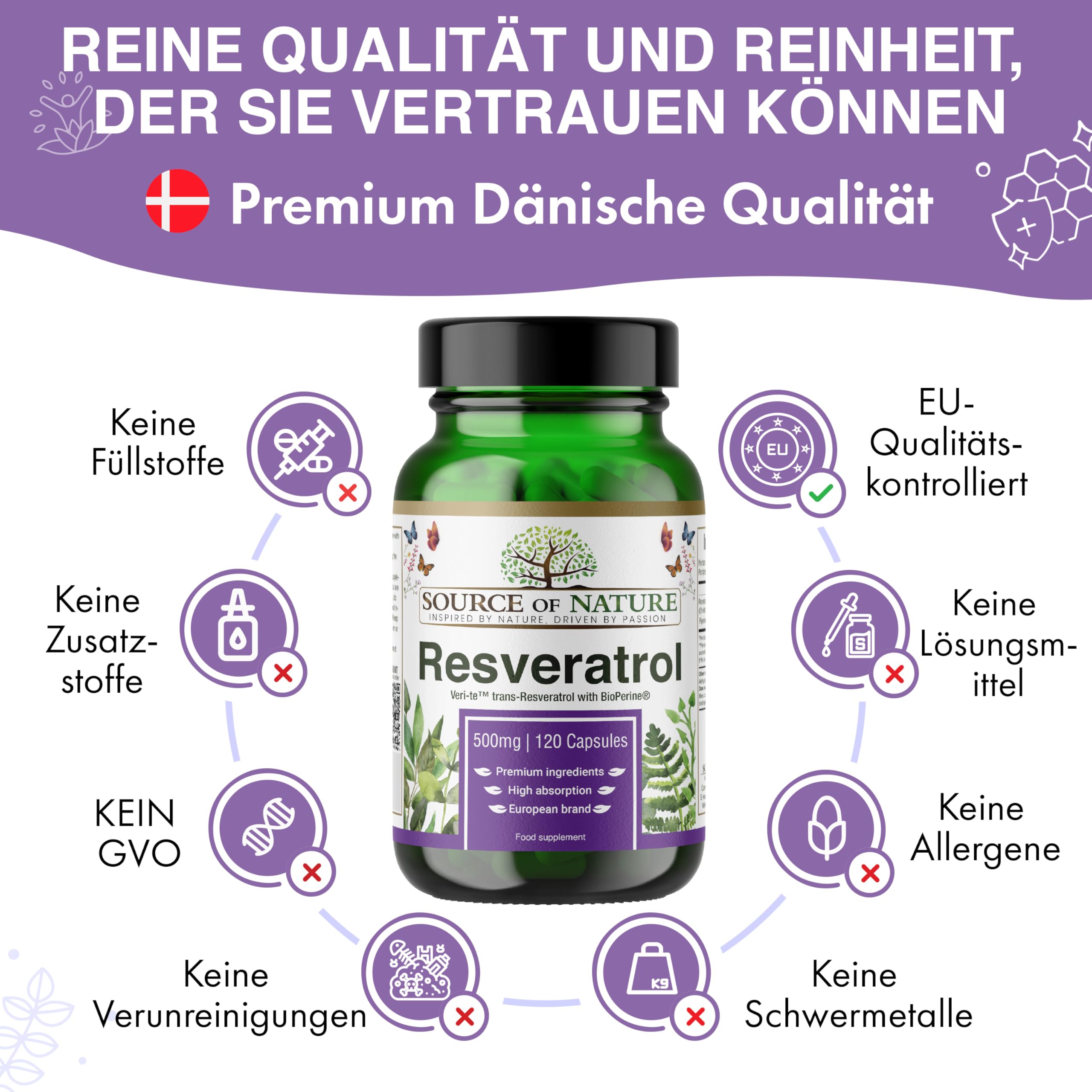 Trans-Resveratrol 500 mg | 120 vegane Kapseln | Hochdosiert | 98 % Reinheit | Natürlich fermentiert | Mit Piperin | Laborgeprüft | Premium-Qualität