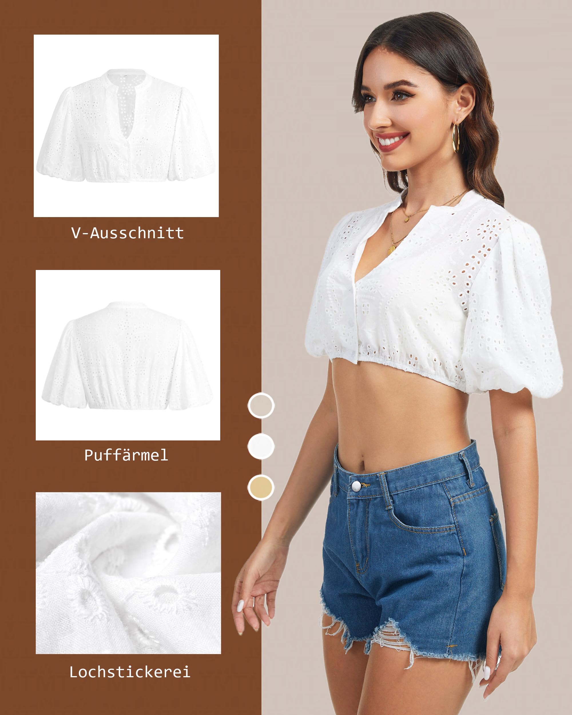 LUYANA Damen Dirndlbluse Elegante Ballonärmel Dirndl Bluse V-Ausschnitt Lochstickerei Trachtenbluse