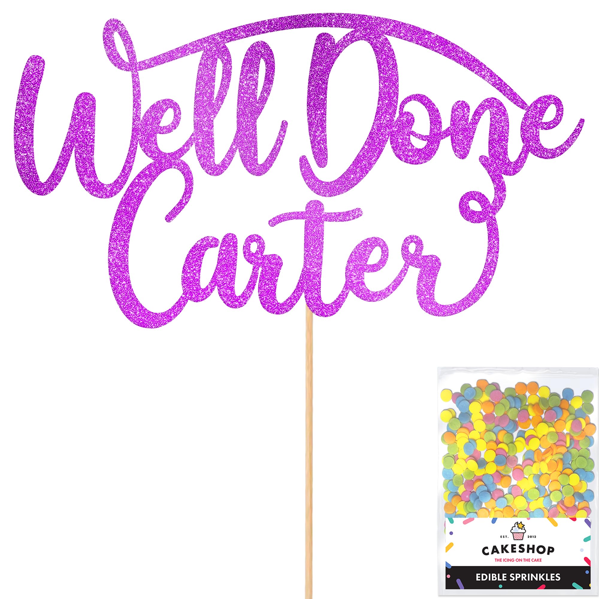 Cakeshop Personalised Well Done Congratulations Glitter Cake Topper With Sprinkles - Custom Colour - Purple Any Name - Double-Sided Glitter Decoration - Custom Toppers for Cakes