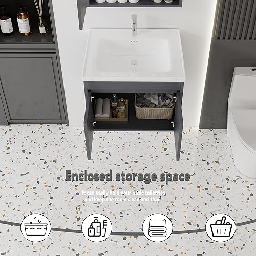 Miniatura 169 de Tocador de baño de 20 pulgadas con lavabo de cerámica, tocador de baño pequeño montado en la pared con puerta de cierre suave, gabinete flotante