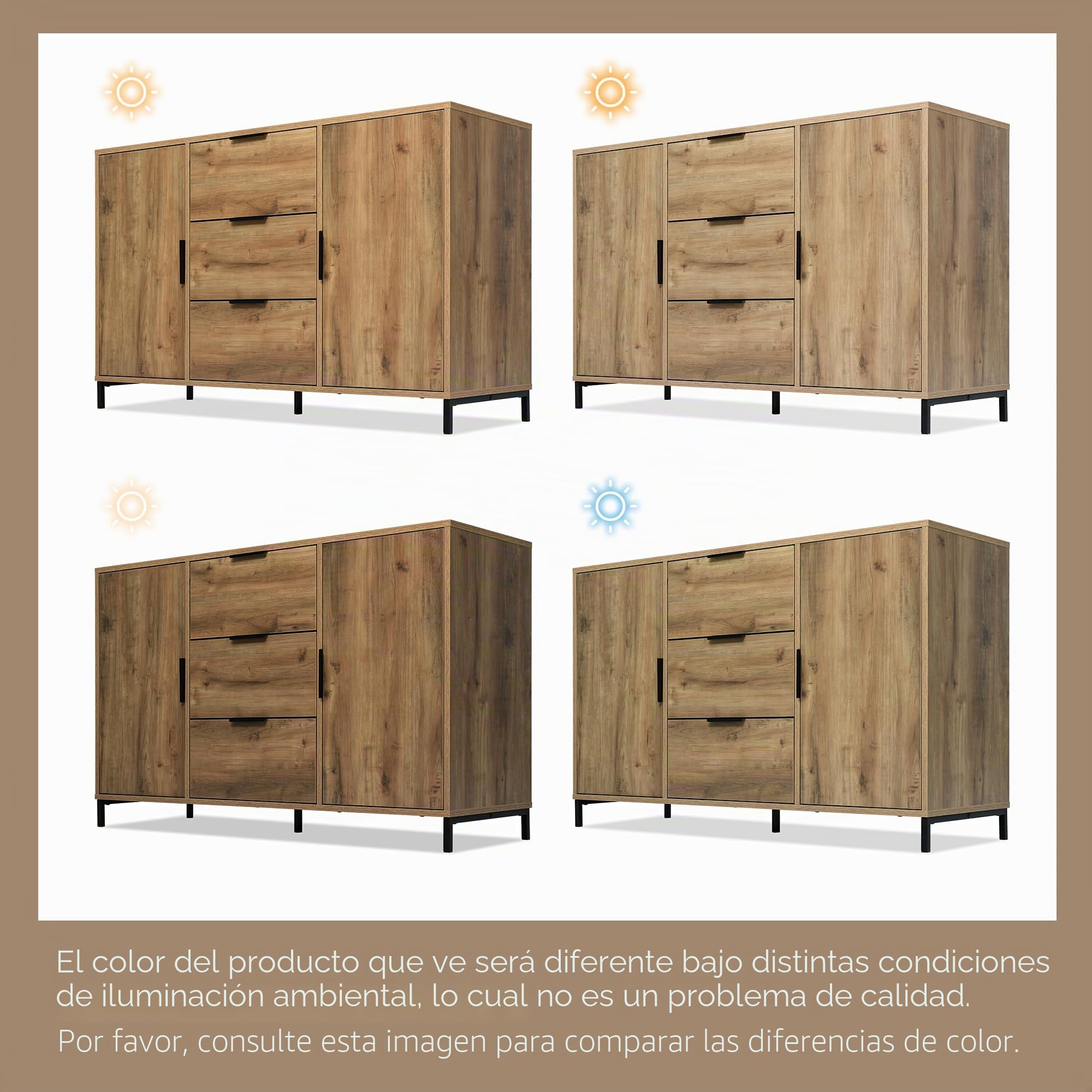 Merax Aparador cómoda con 2 puertas y 3 cajones de 120 cm, armario buffet con estante ajustable, armario de almacenamiento en roble oscuro, patas metálicas, para dormitorio, salón, 120 x 40 x 76 cm