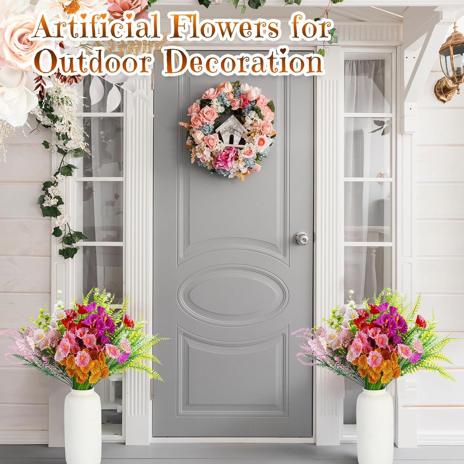 40 Bundles Artificial Flowers for Outdoor No Fade Faux Artificial Plants Shrubs Plastic Fake Flower 10 Kinds UV Resistant Faux Flowers for Garden Porch Window Decoration(Mix 1)