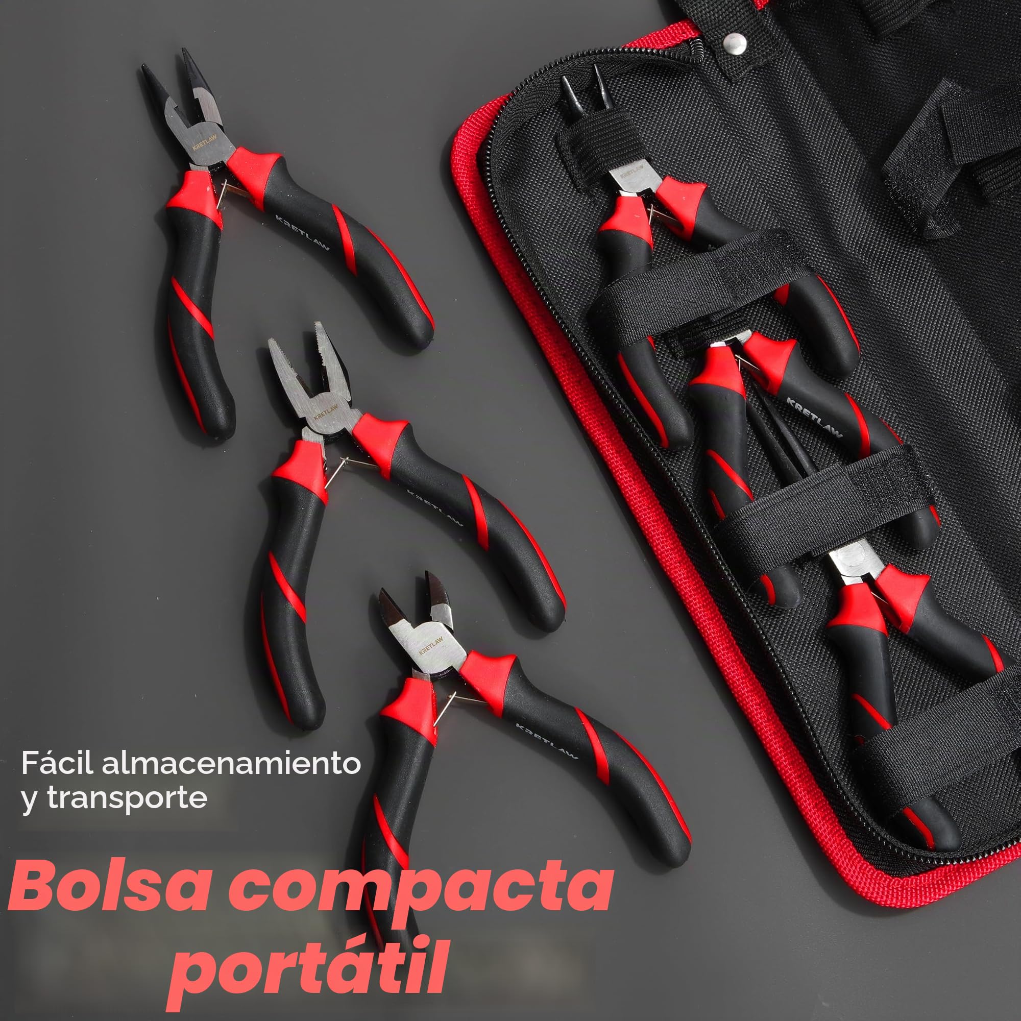 KRETLAW Juego de Alicates Mini 6 Piezas – Punta fina, punta larga, punta curva, corte diagonal, corte frontal y electricista para bricolaje, reparación electrónica y joyería con estuche