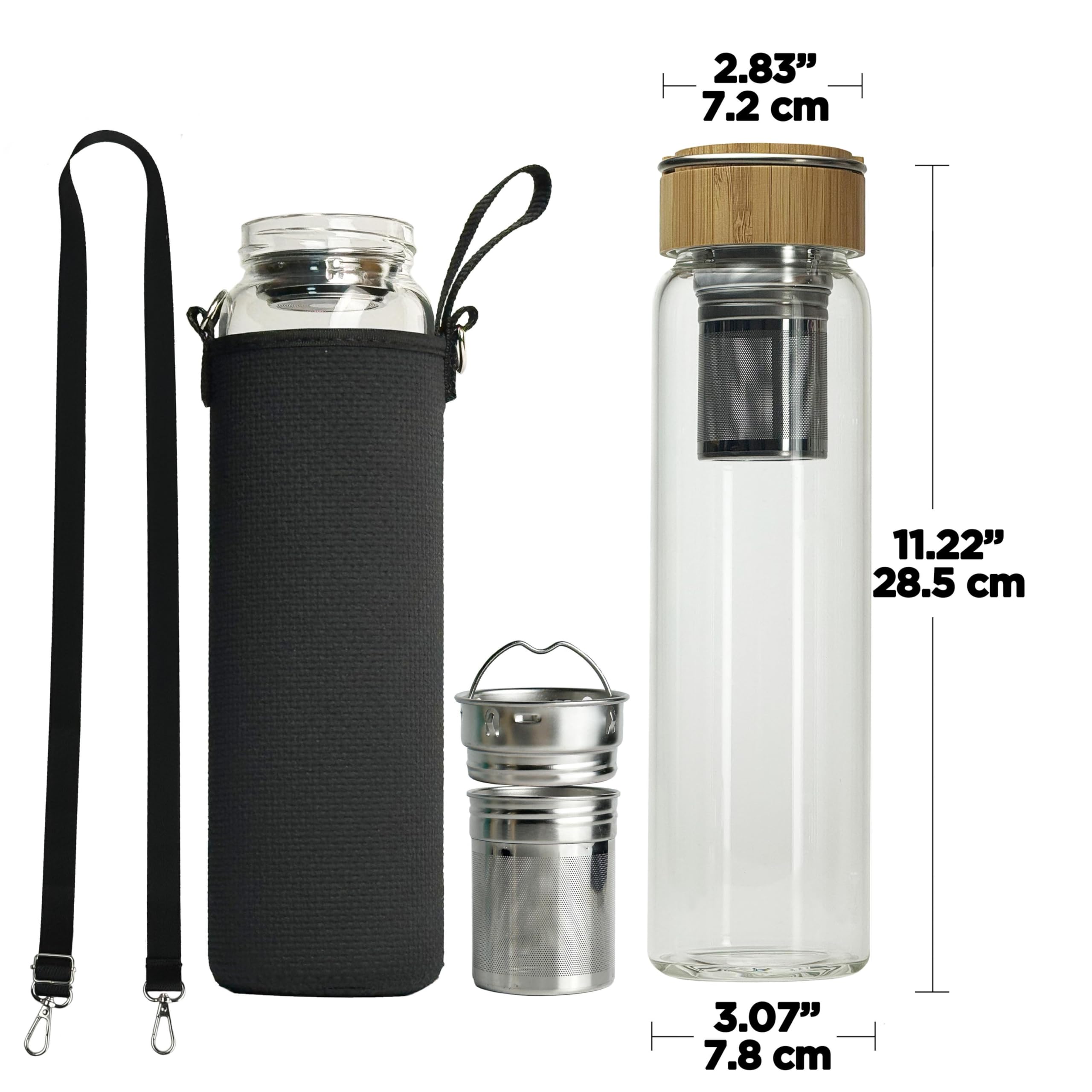 Botella infusora de té de 32 onzas con colador e infusor, botella de agua de vidrio con tapa de bambú y funda (transparente, amarillo, negro)