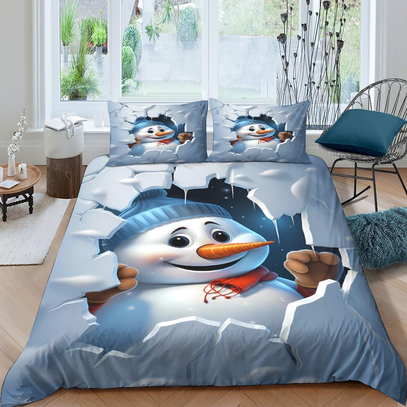 Ctjqhvkz Style-10 3D Printed Snowman Winter Cartoon Fitted Sheet Microfiber Soft Blue Christmas Mattress Cover For Bedroom Guestroom Decor Single（135X200cm）