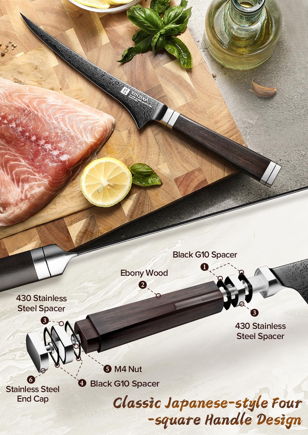 XINZUO 18,4cm Damaststahl Filetiermesser-Schwarze Klinge -67 Schichten Damastmesser Fischmesser Profi Kochmesser -Damaskus Fischfiliermesser Ausbeinmesser für Küchen -Griff aus Ebenholz