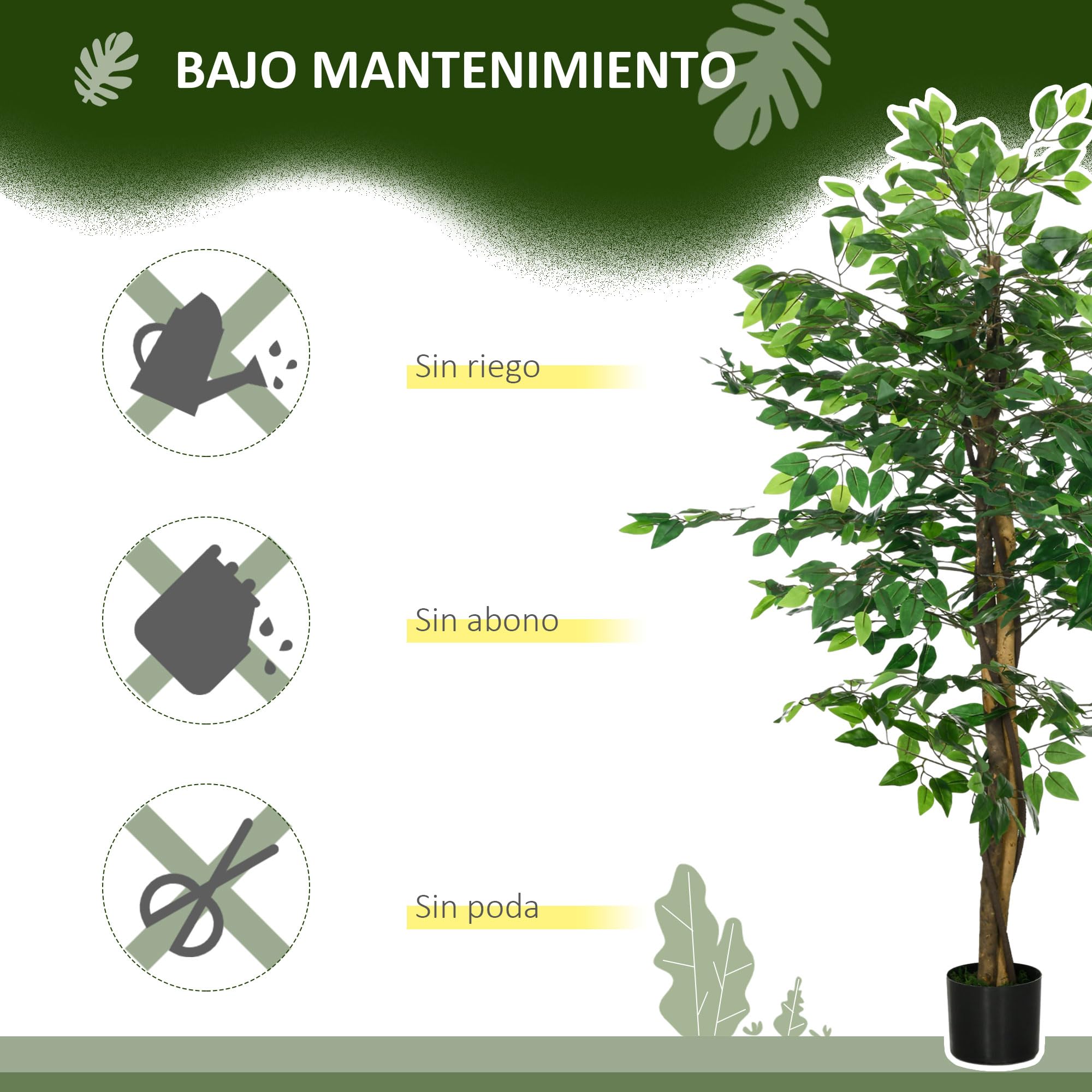 HOMCOM Ficus Artificial con Troncos Naturales 150 cm Planta Artificial con Maceta y 882 Hojas Árbol Artificial Decoración para Hogar Salón Oficina Verde