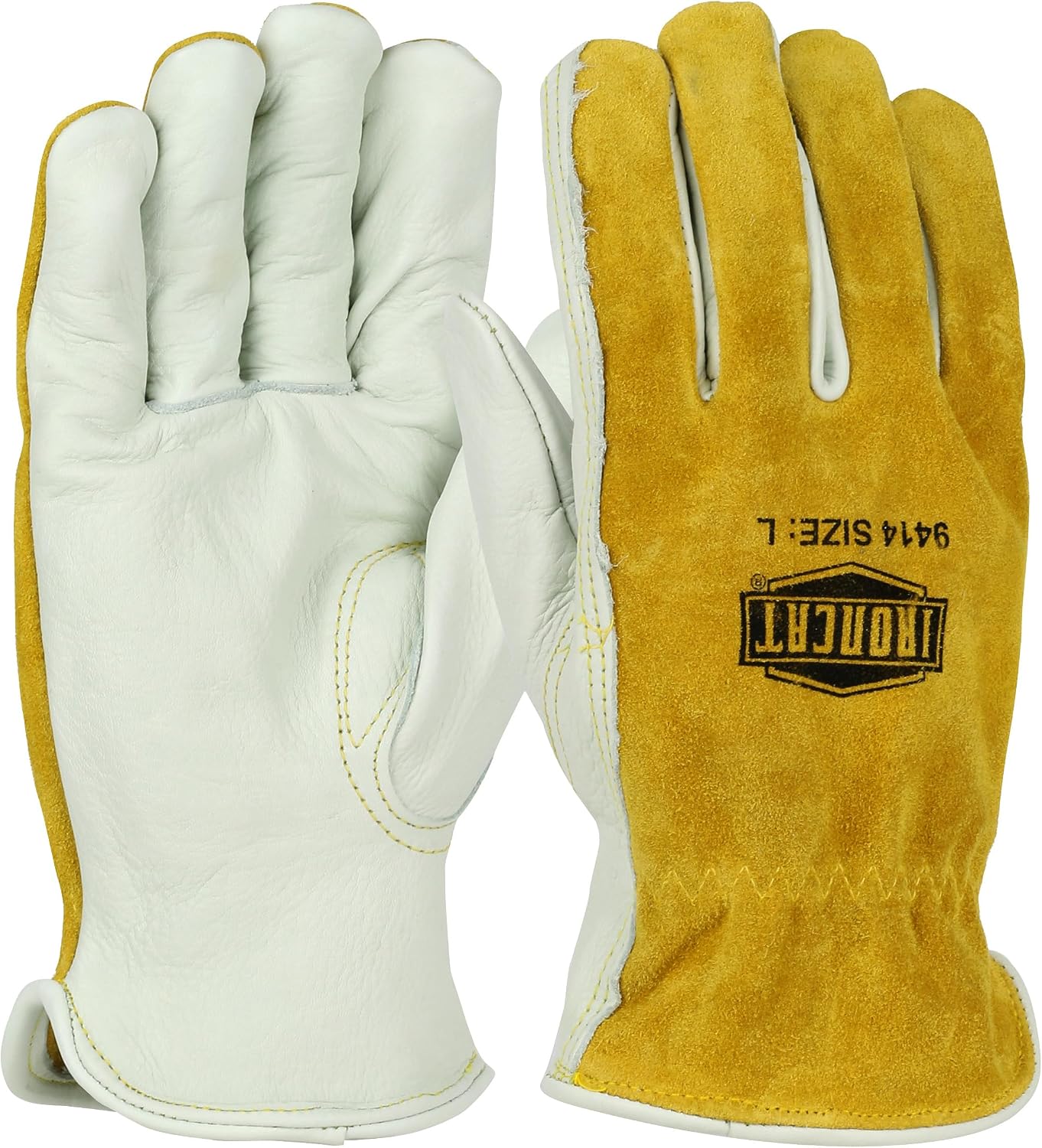 Ironcat Premium Grade Top Grain Cowhide Leather Drivers Glove, Split Cowhide Back, Keystone Thumb, Brown/White