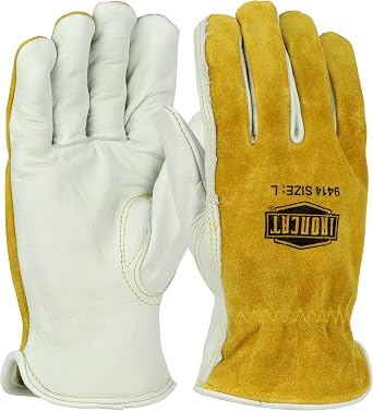 Ironcat Premium Grade Top Grain Cowhide Leather Drivers Glove, Split Cowhide Back, Keystone Thumb, Brown/White