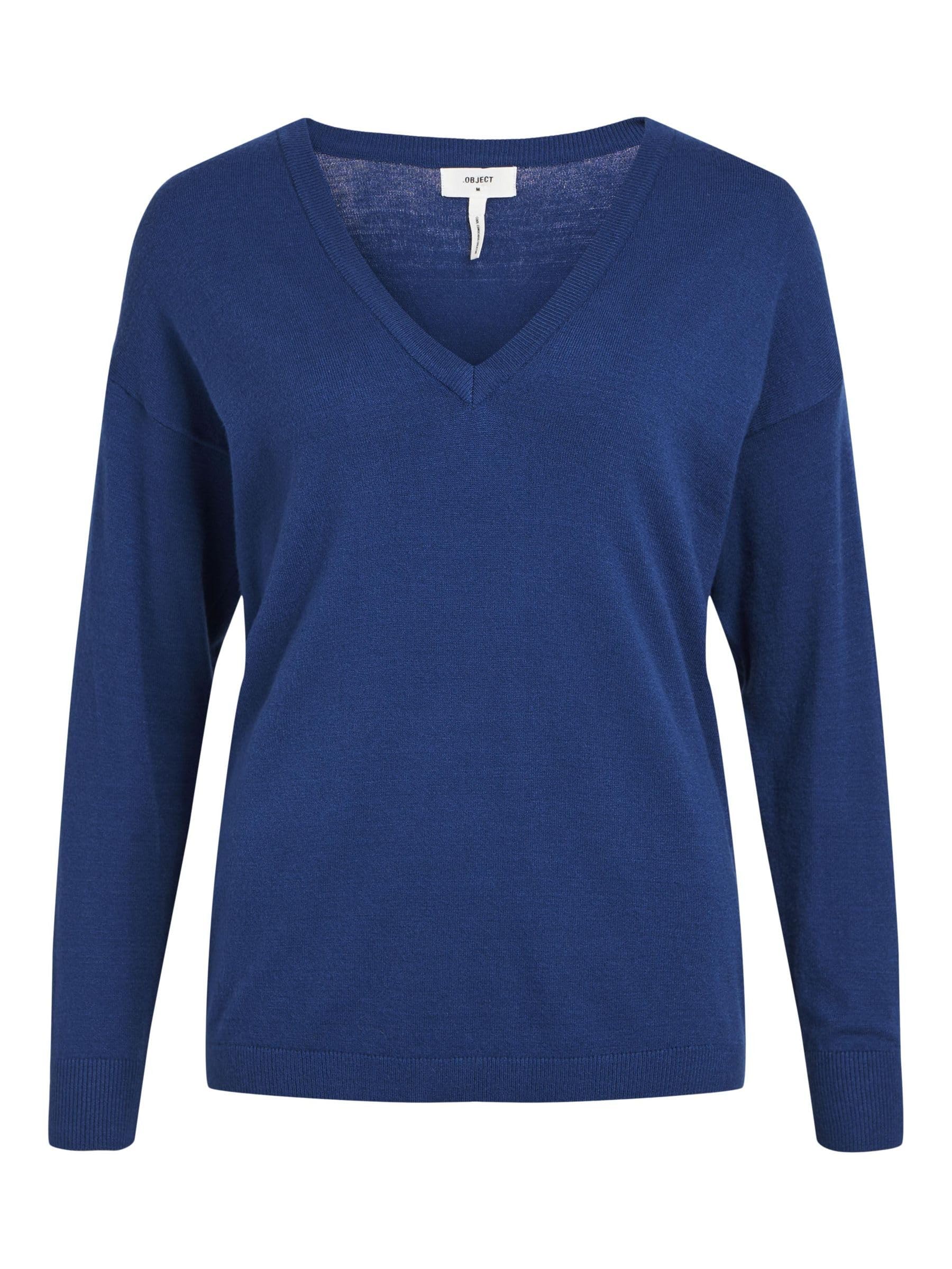 Object Women's Objthess L/S V-Neck Knit Pullover Noos Knitted Jumper, Estate Blue/Detail: Melange, M