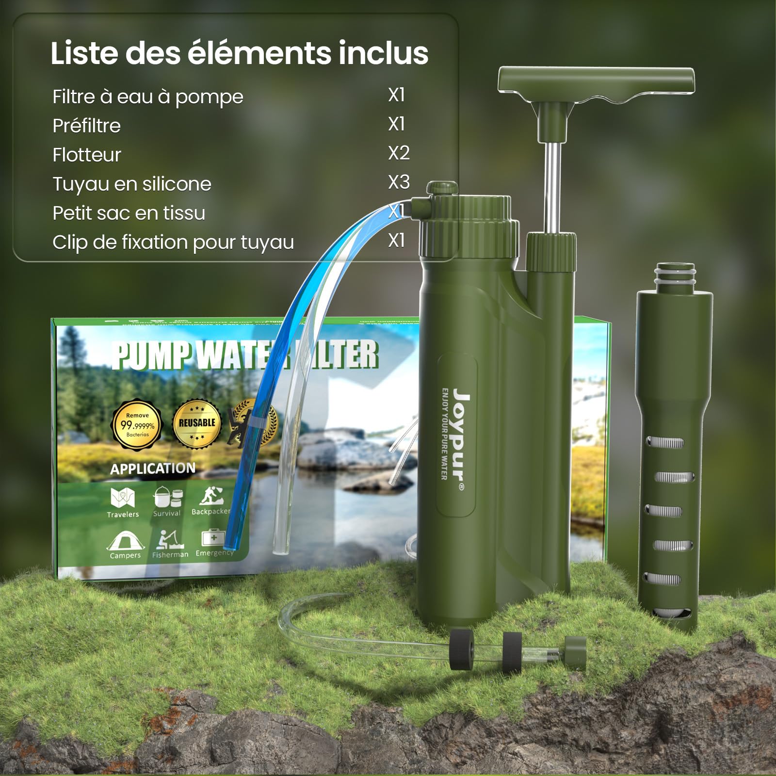 Filtres à eau pour extérieur survie avec filtre RO - Purificateur d'eau avec capacité de filtration de 10000 L Pompe portable Filtres à eau pour camping et randonnée (Vert armée)