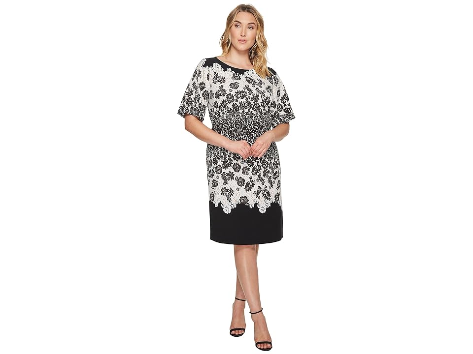 

Adrianna Papell Plus Size Fluttering Lace Print Fit and Flare with Elbow Length Sleeves (Black Multi) Women's Dress