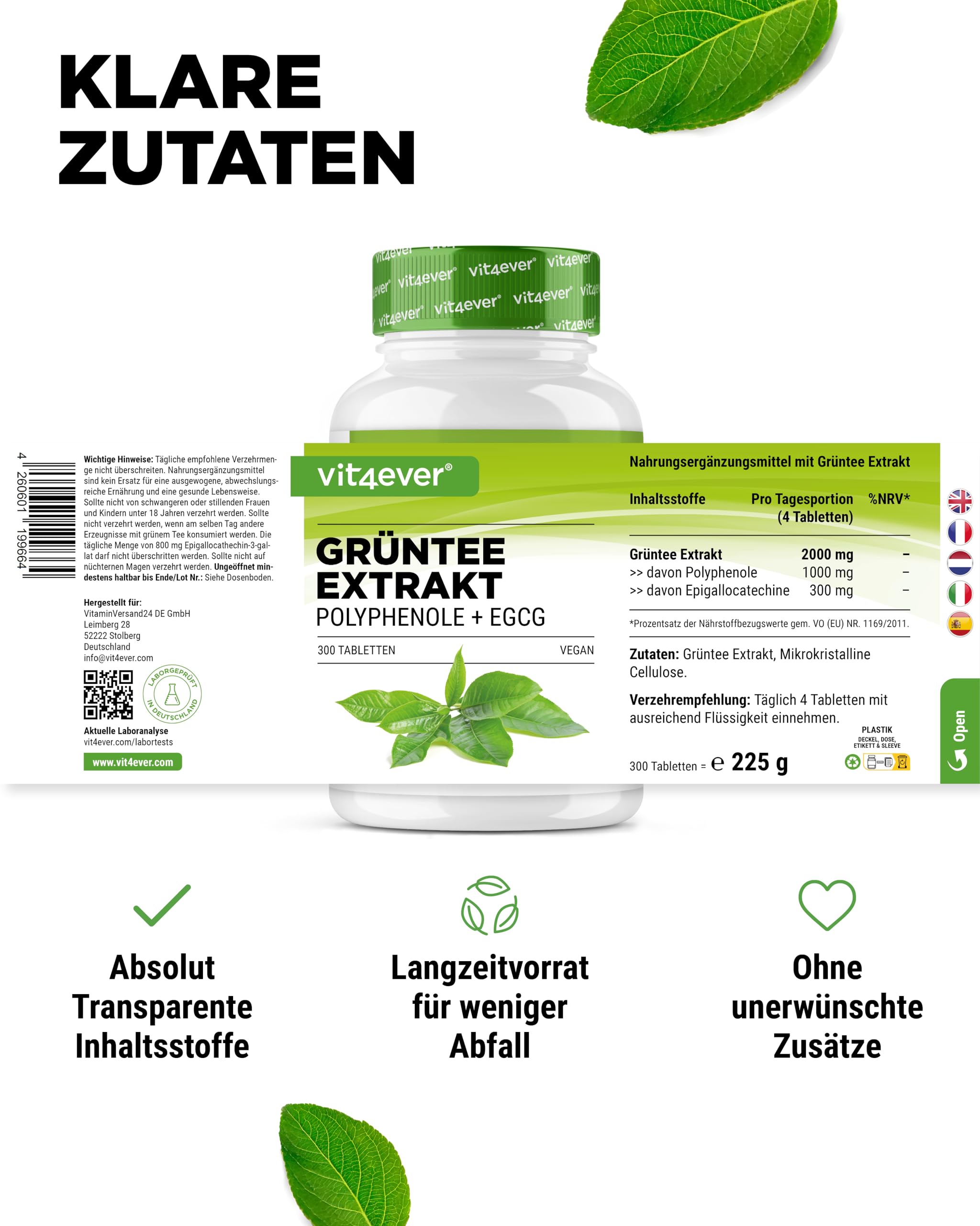 vit4ever Grüntee Extrakt 300 Tabletten - Hochdosiert mit 2000mg Grüner Tee Extrakt, 300 mg EGCG & 1000 mg Polyphenole pro Tagesdosis - Green Tea - Vegan - Ohne unnötige Zusätze