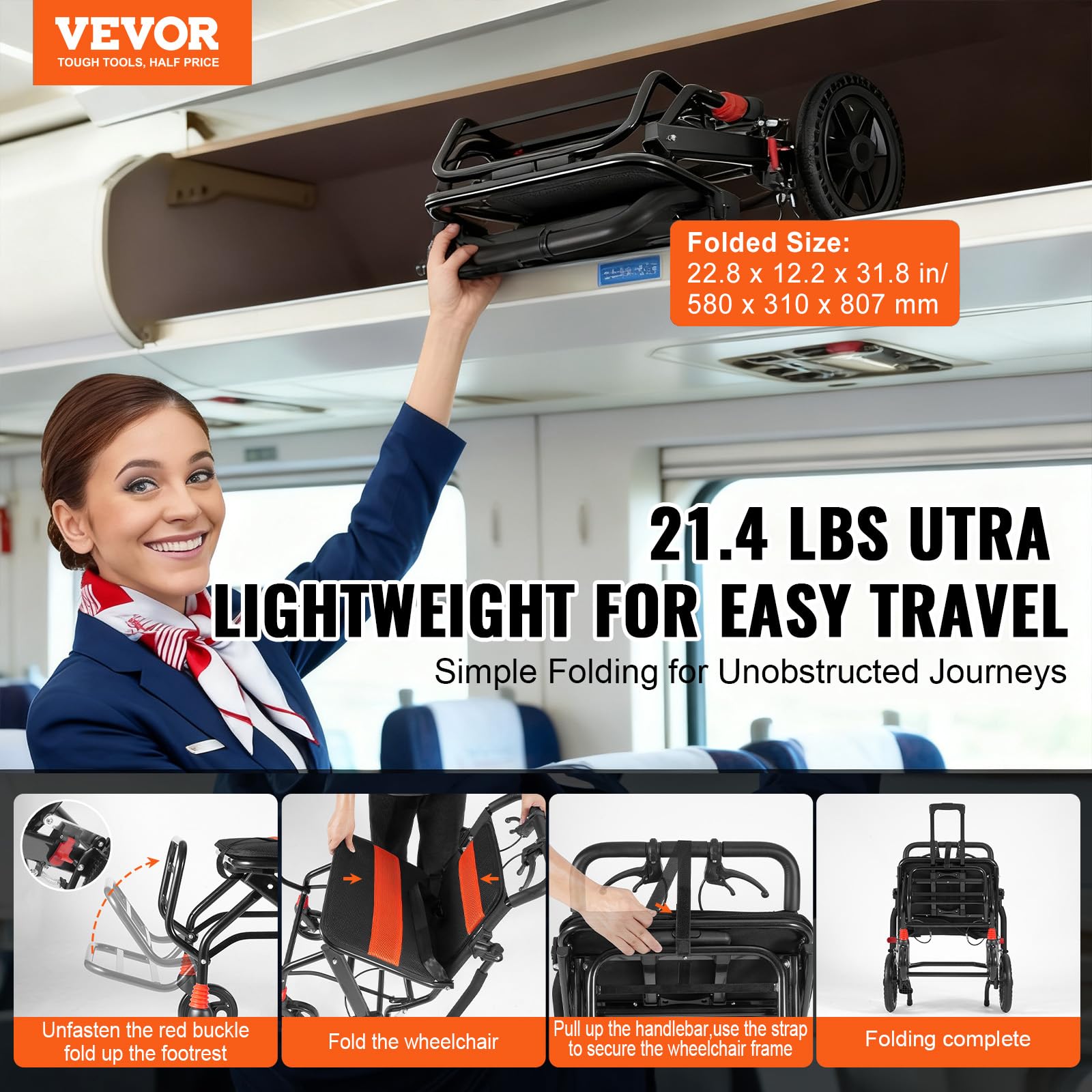VEVOR Silla de Ruedas Plegable de Transporte Ultraligera de Aleación de Aluminio para Adultos, con Brazos Abatibles hasta el Largo del Escritorio, Freno Autoblocante, Carga 100 kg, 915 x 580 x 912 mm