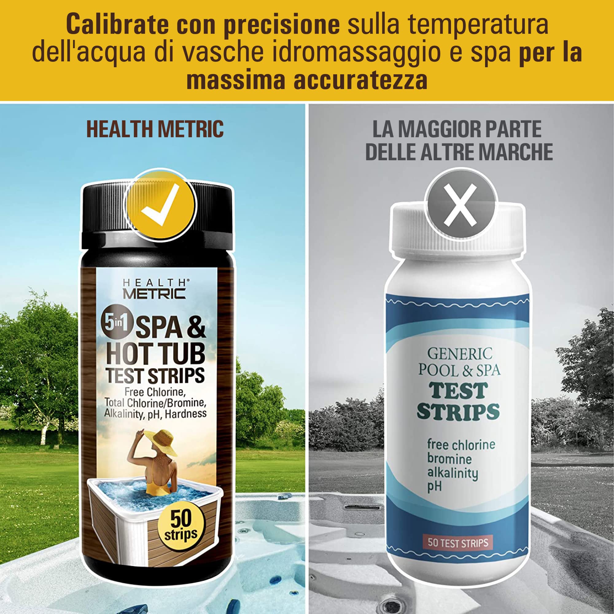 Health Metric Strisce Controllo Cloro Piscina - 50 ct - 5 in 1 Kit Test Strips per Cloro, Alcalinità, pH e Durezza - Test Cloro Piscina Calibrato per Acqua Calda e Idromassaggio