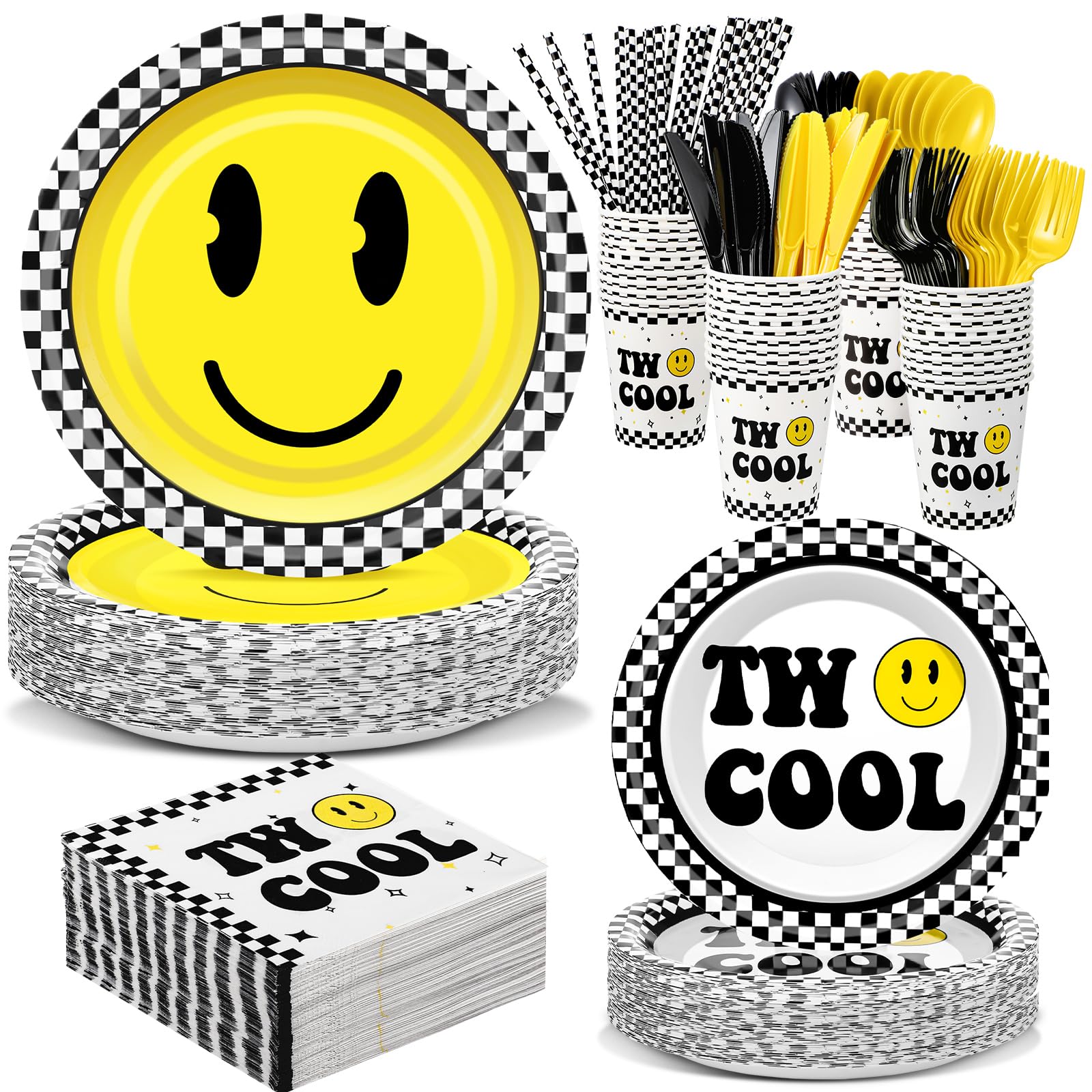 344 Pcs Two Cool Smile Face Birthday Decorations Birthday Party Supplies Serve 24, Paper Plates Cups Napkins Knife Fork Spoon Straw Tableware for 2nd 3rd
