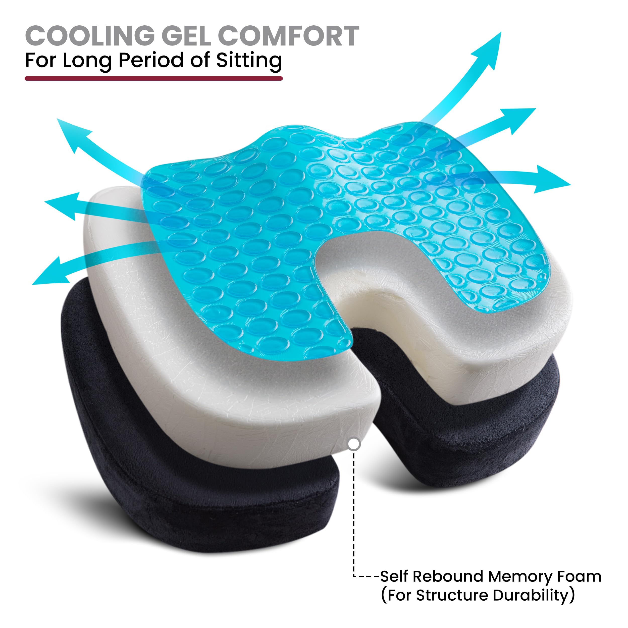LUX Decor Collection Cojín para silla de oficina, para alivio de la presión del dolor de coxis, espalda y ciática, cojín de asiento de coche para conducir, juegos, gel de alta calidad + balancín listo