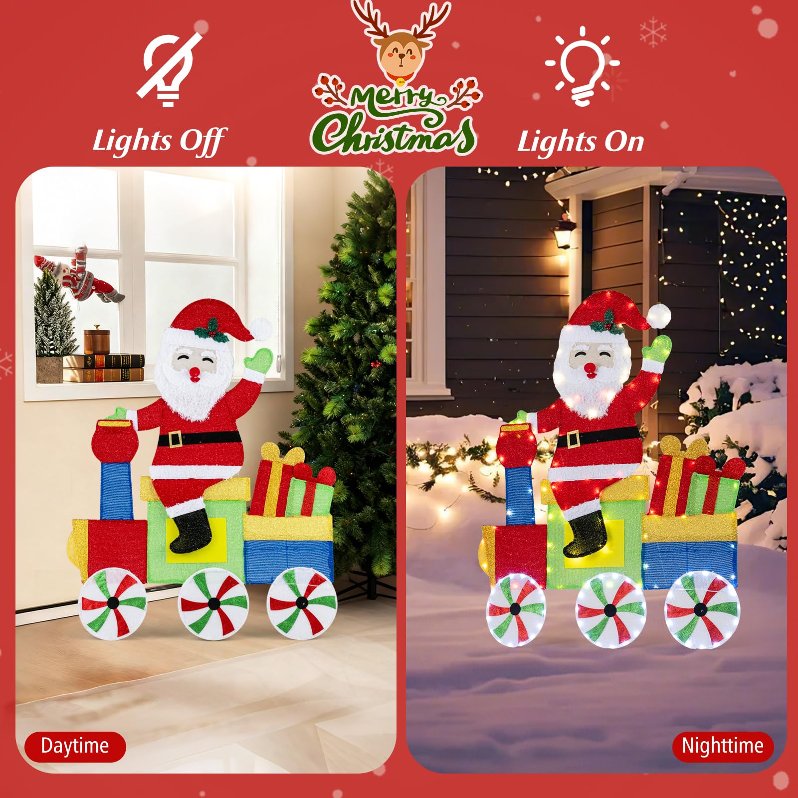 SOARS LED Weihnachtsmann 2D, Weihnachtsfigur groß 120cm im Zug, Weihnachtsdeko Outdoor mit 133 warmweißen LEDs, Weihnachtsdekoration wetterfest, Weihnachtsbeleuchtung für innen & außen